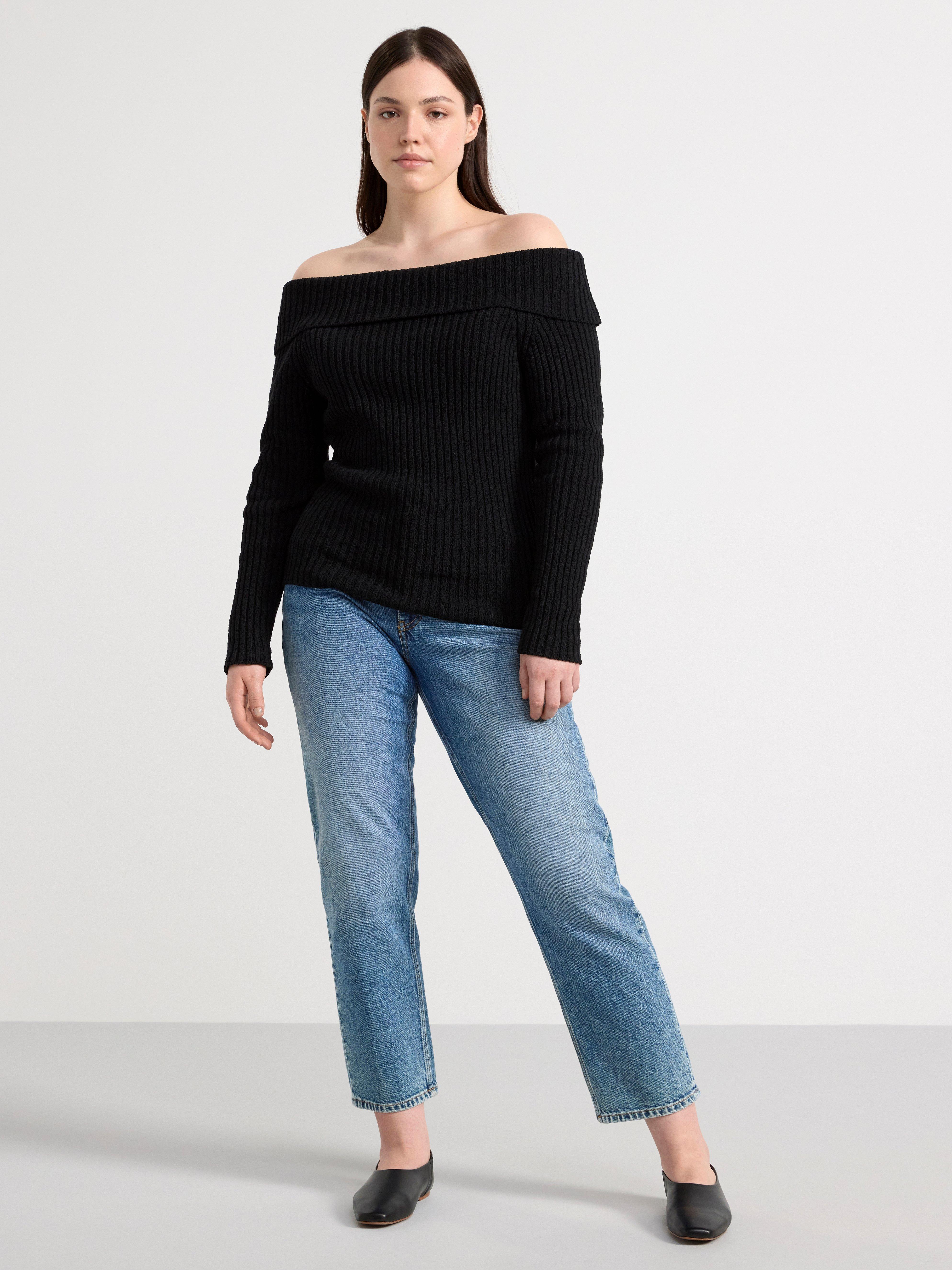 Rib-knitted off-shoulder top Black
