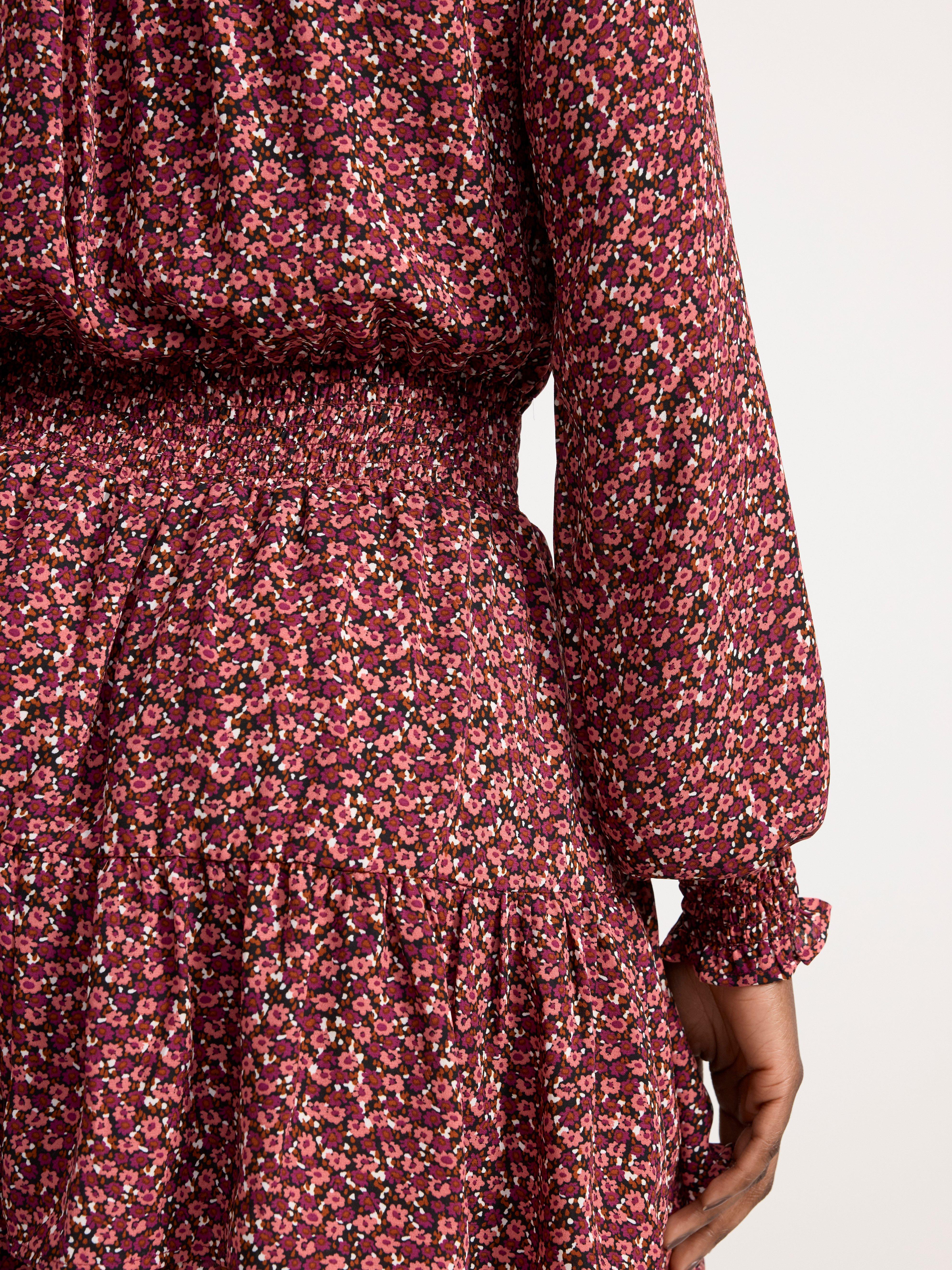 Patterned long sleeve dress with flounces Dark Pink