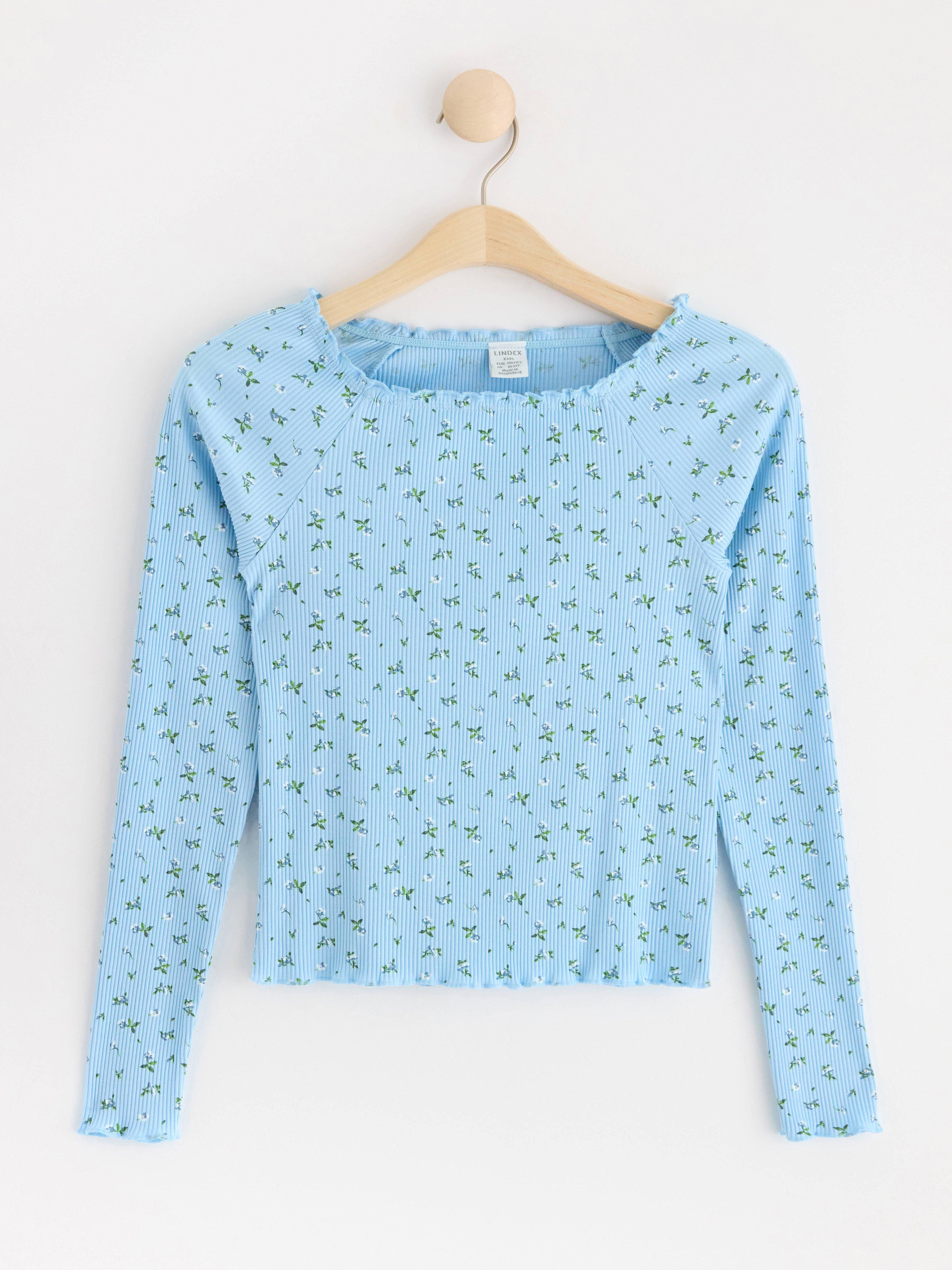 Ribbed long sleeve top with flowers Light Blue