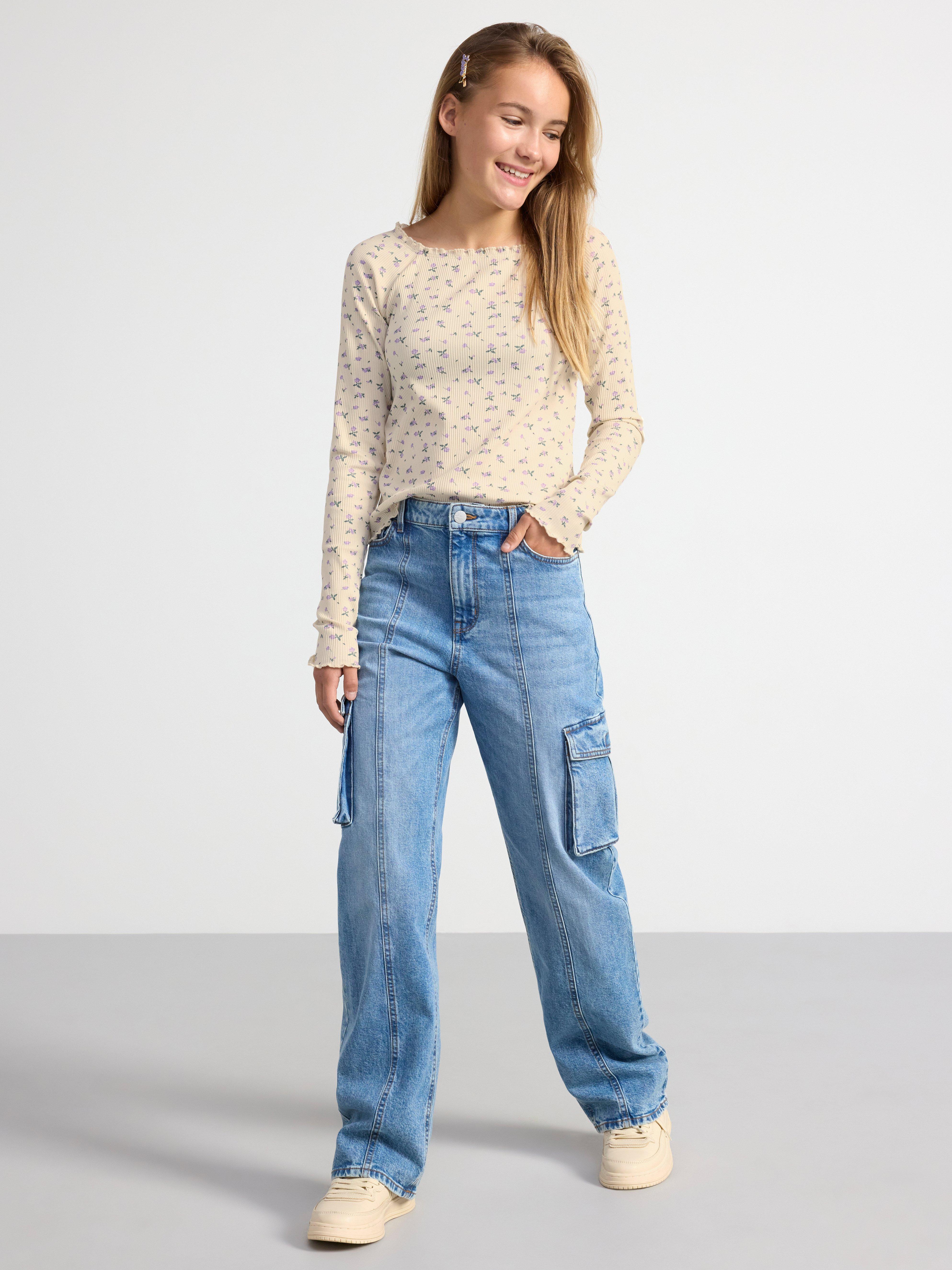 Ribbed long sleeve top with flowers Light Beige