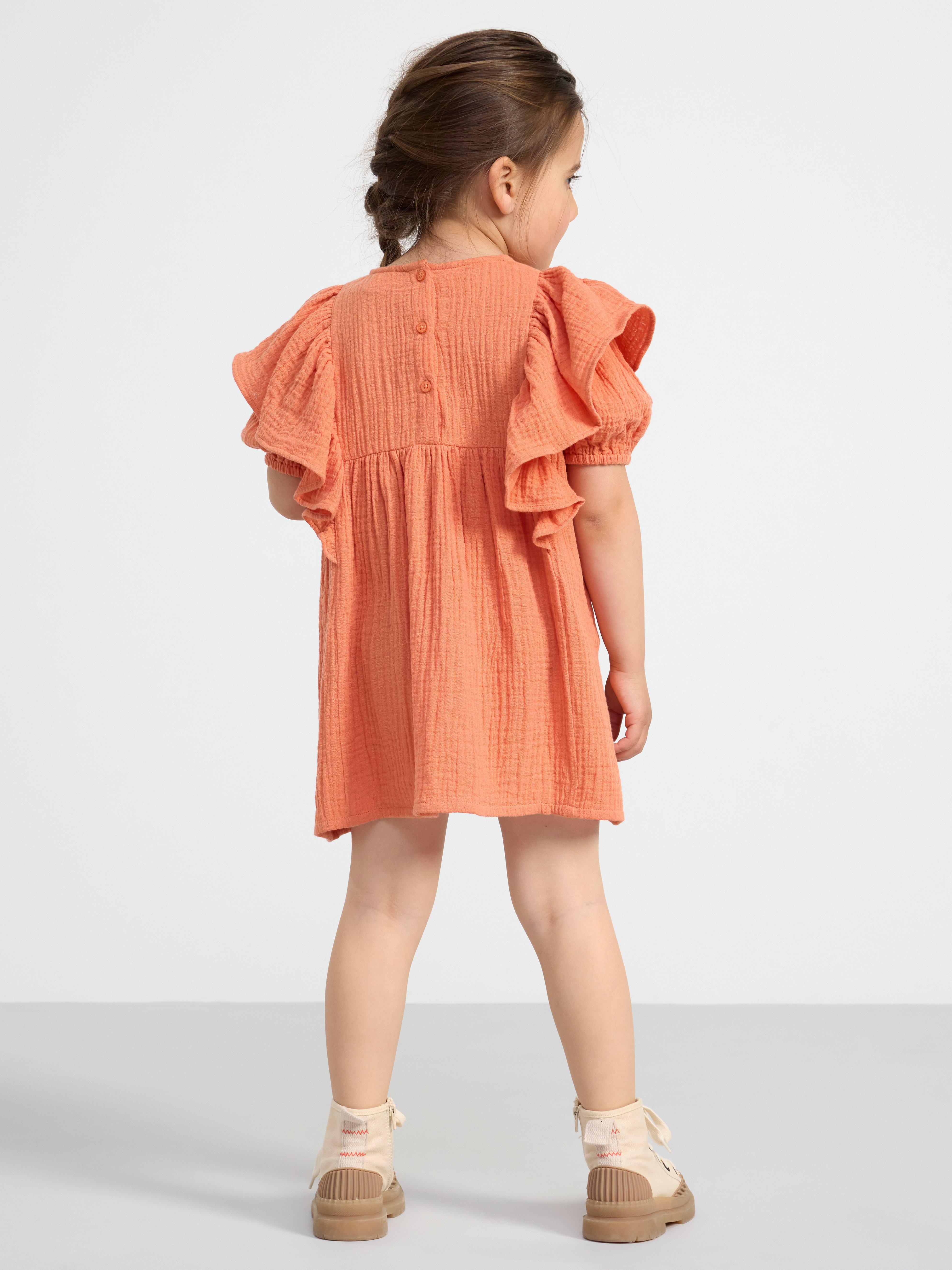 Short sleeve crinkled cotton dress Light Dusty Orange