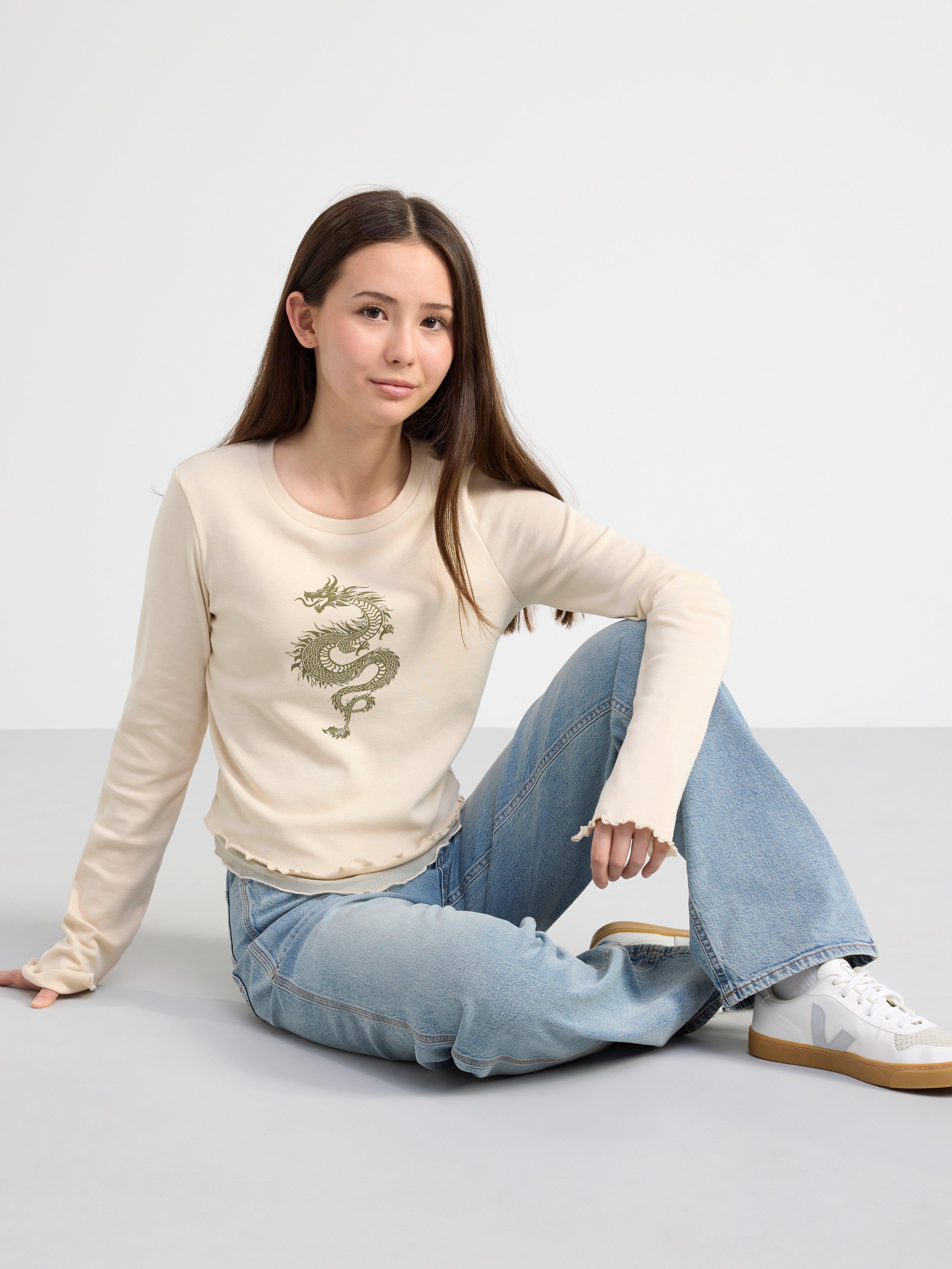 Long sleeve top with print and mesh Light Beige