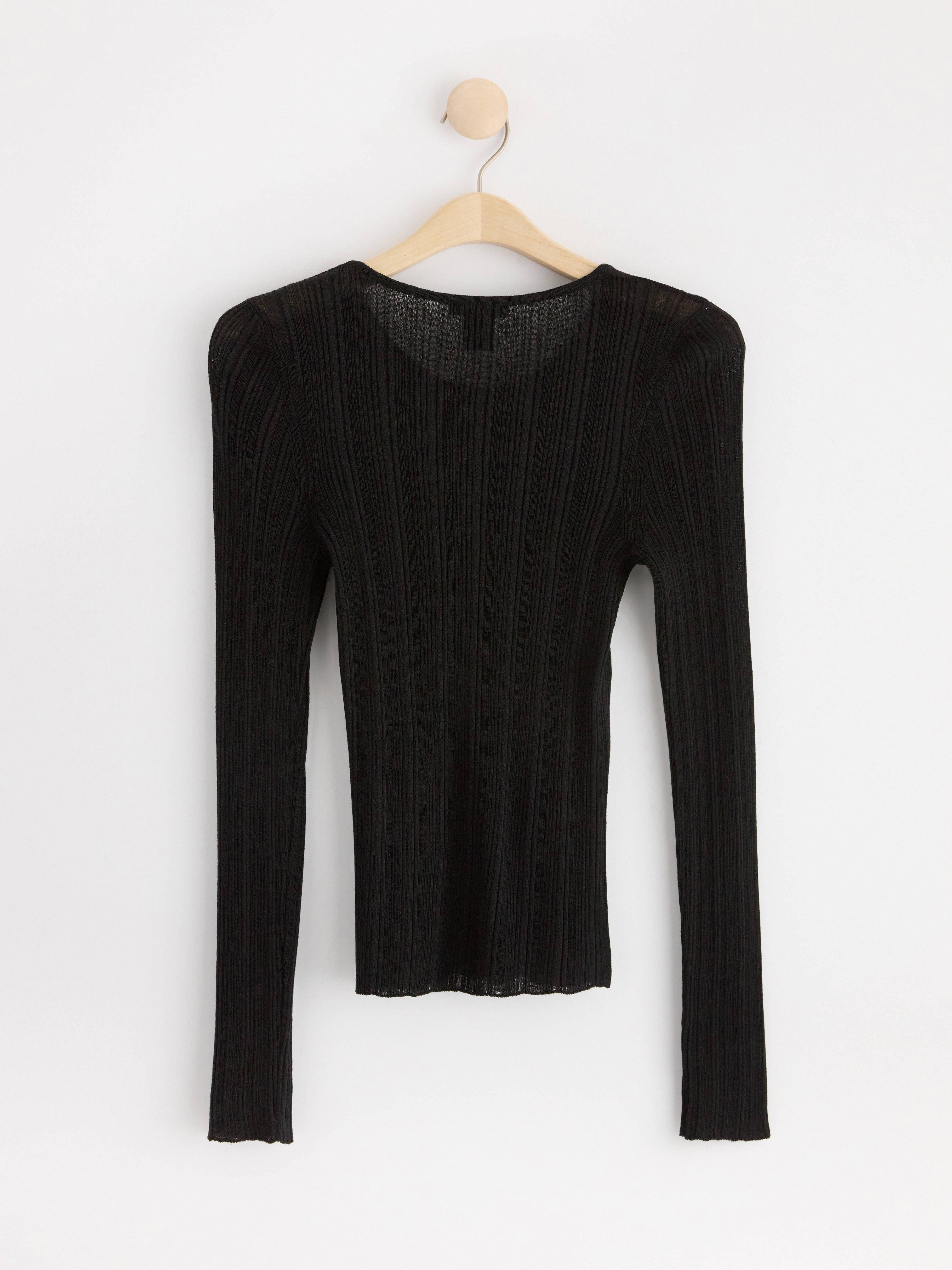 Rib-knit long sleeve top Black