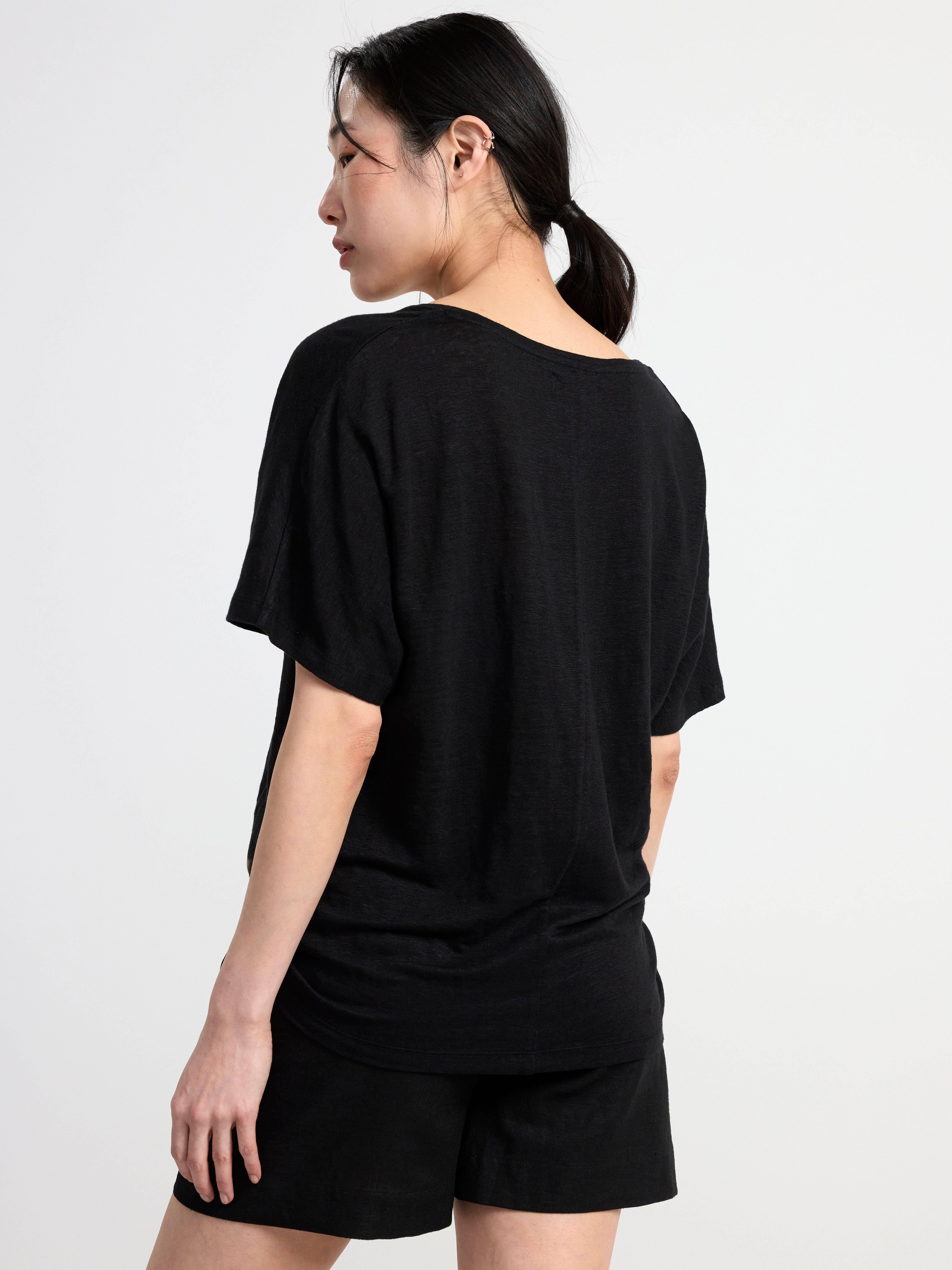 Short sleeve v-neck linen top Black