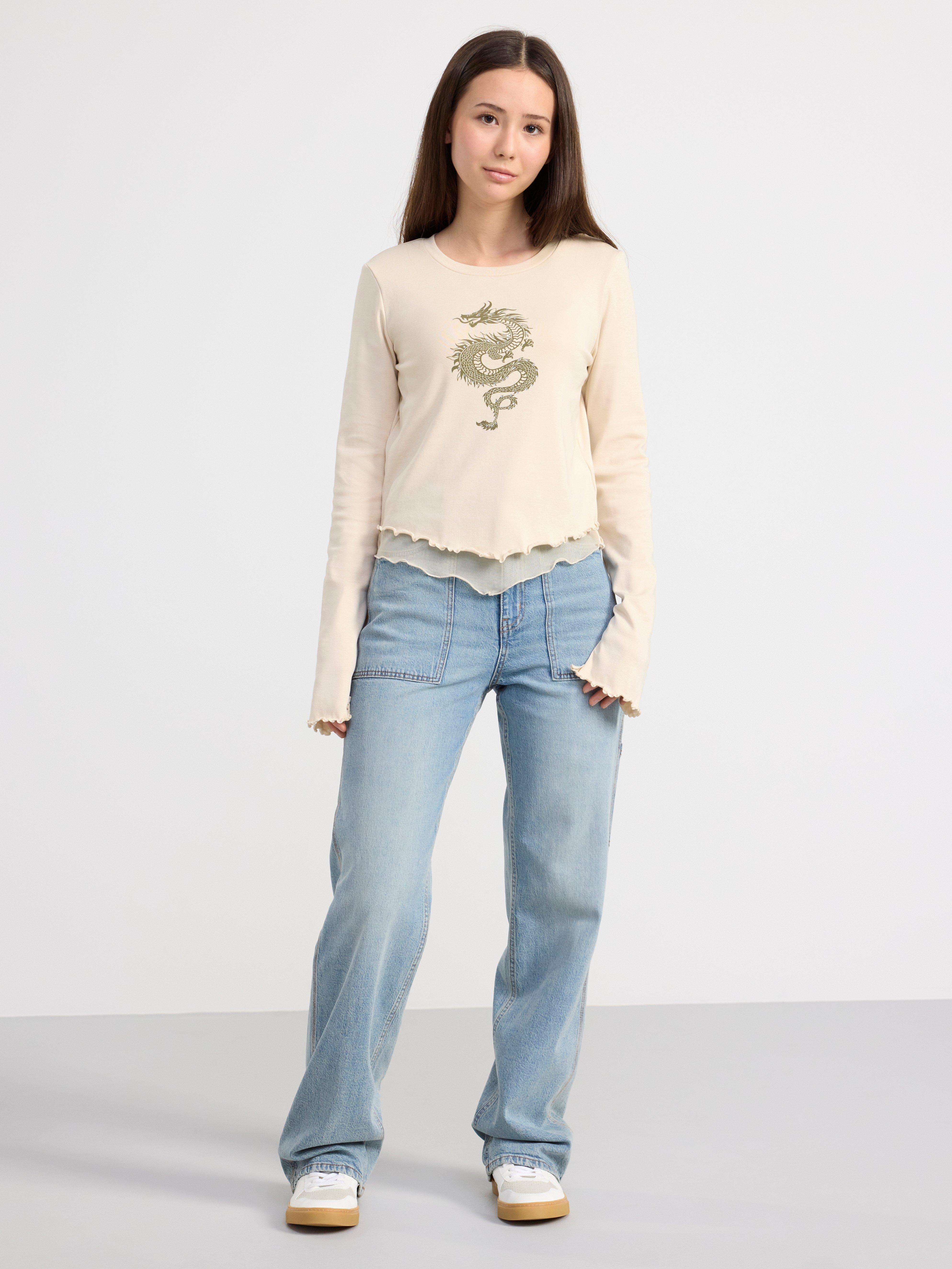 Long sleeve top with print and mesh Light Beige