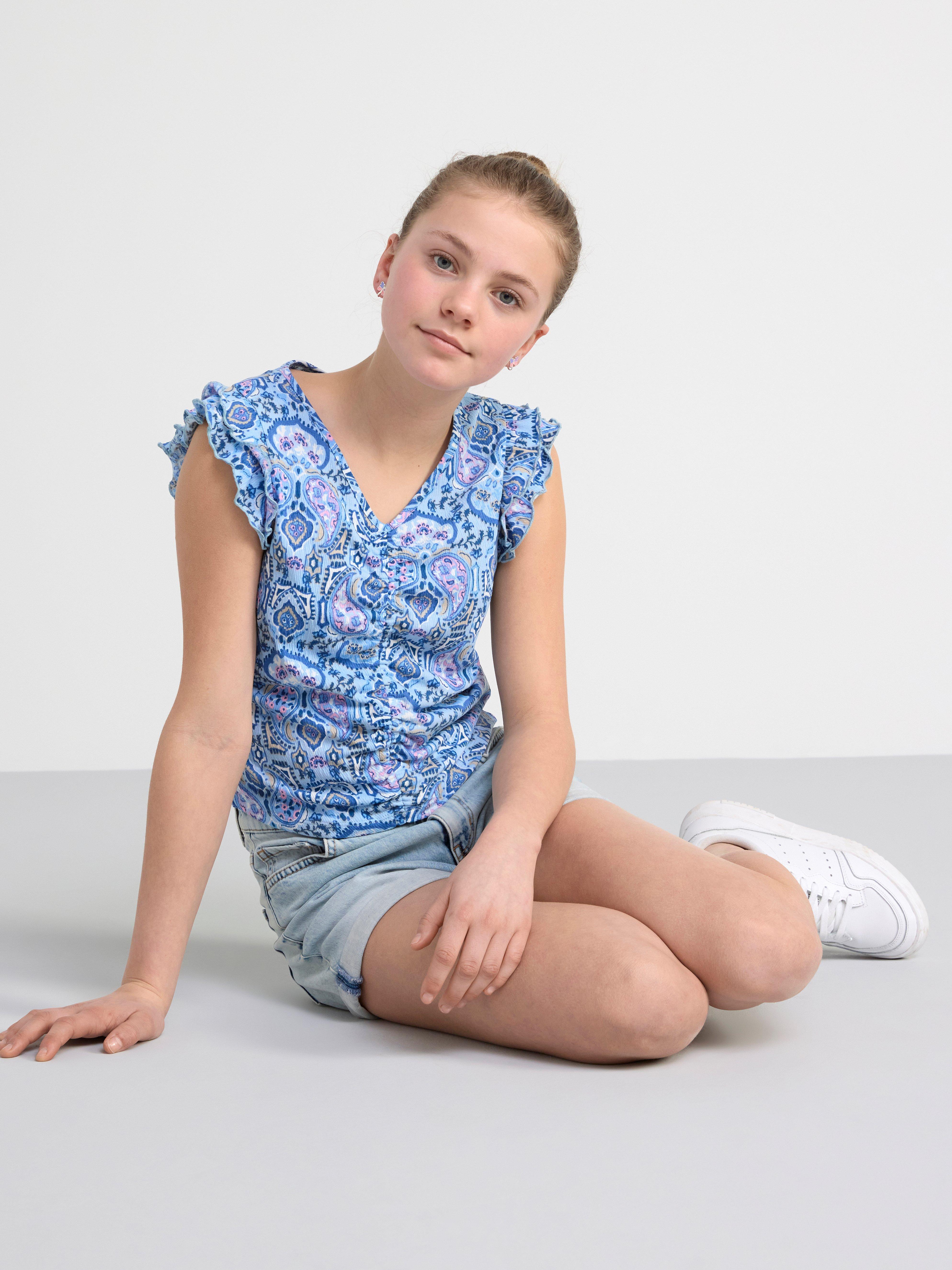 Cropped top with frill sleeves Light Blue