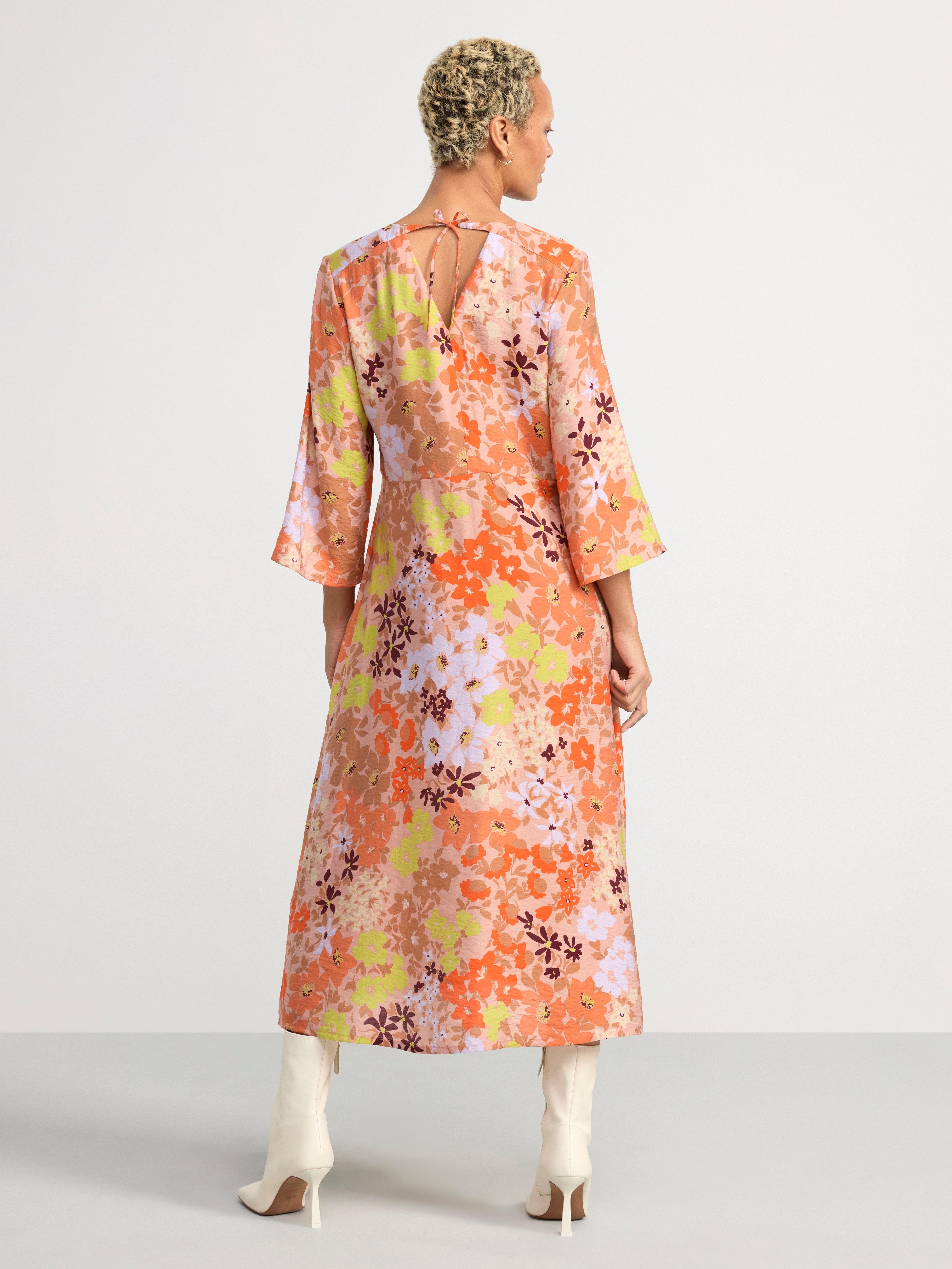 Midi dress with wide sleeves and flowers coral