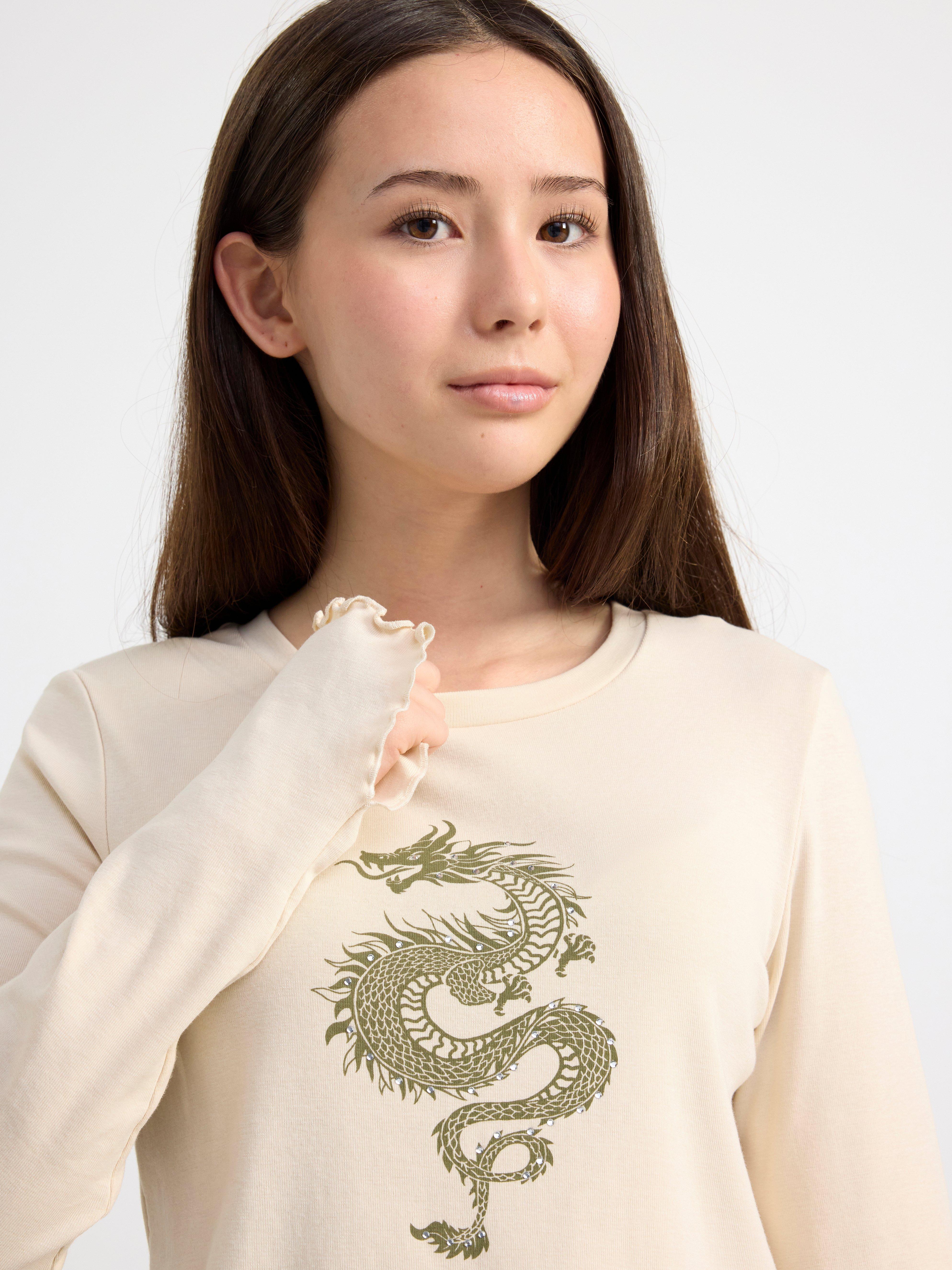 Long sleeve top with print and mesh Light Beige