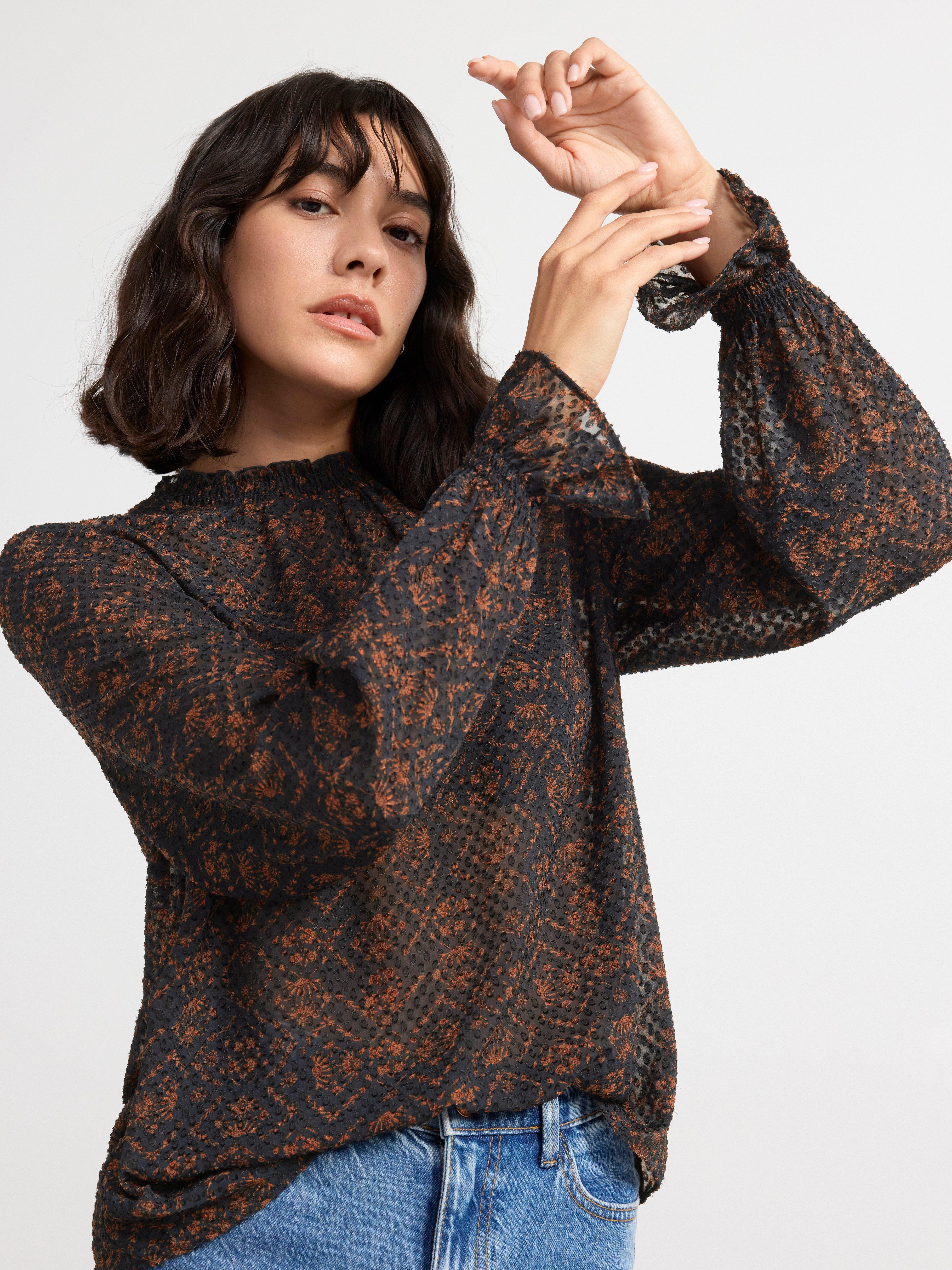 Long sleeve textured blouse with pattern Dark Navy