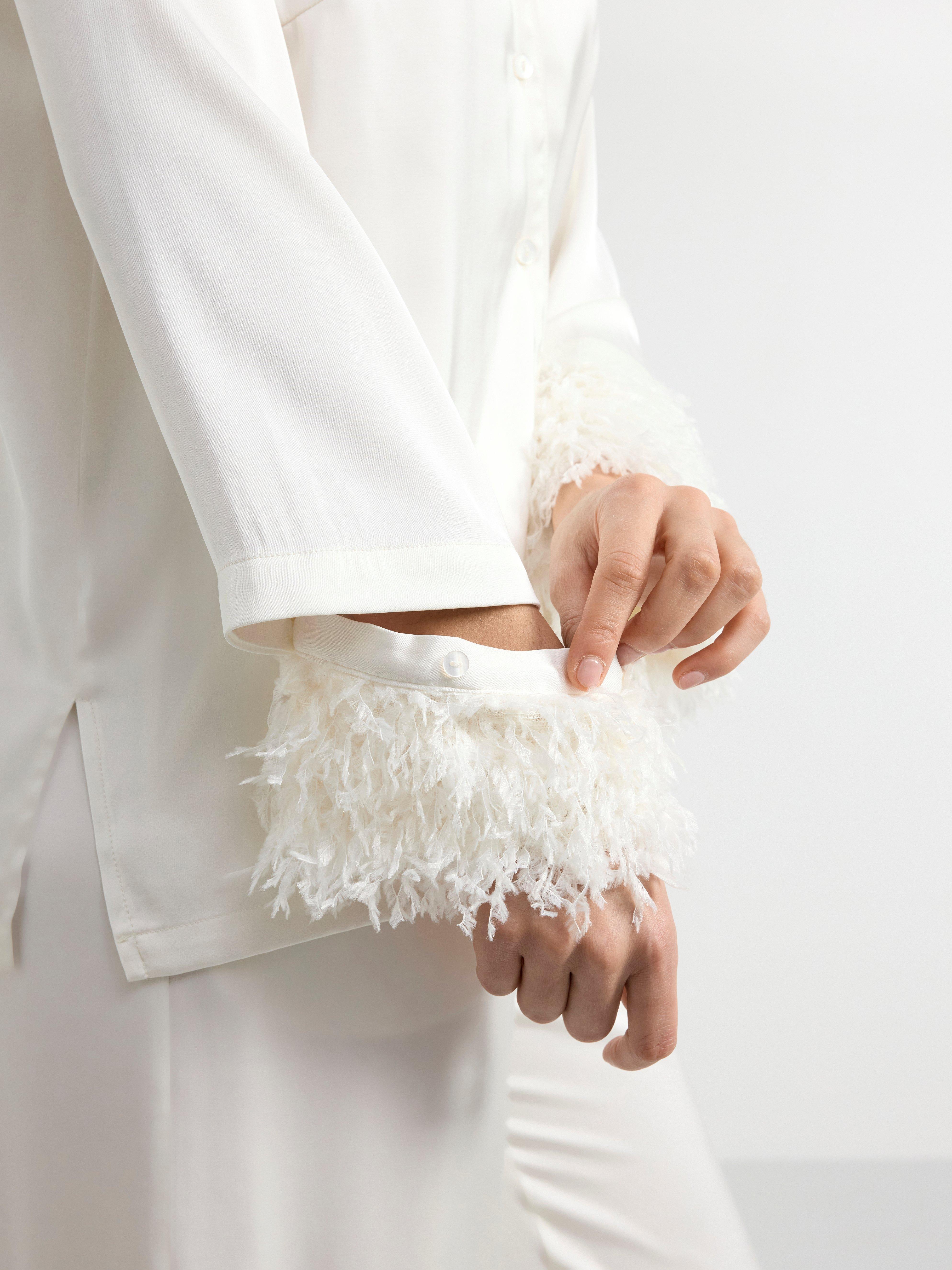 Satin pyjama set with faux feathers Light White