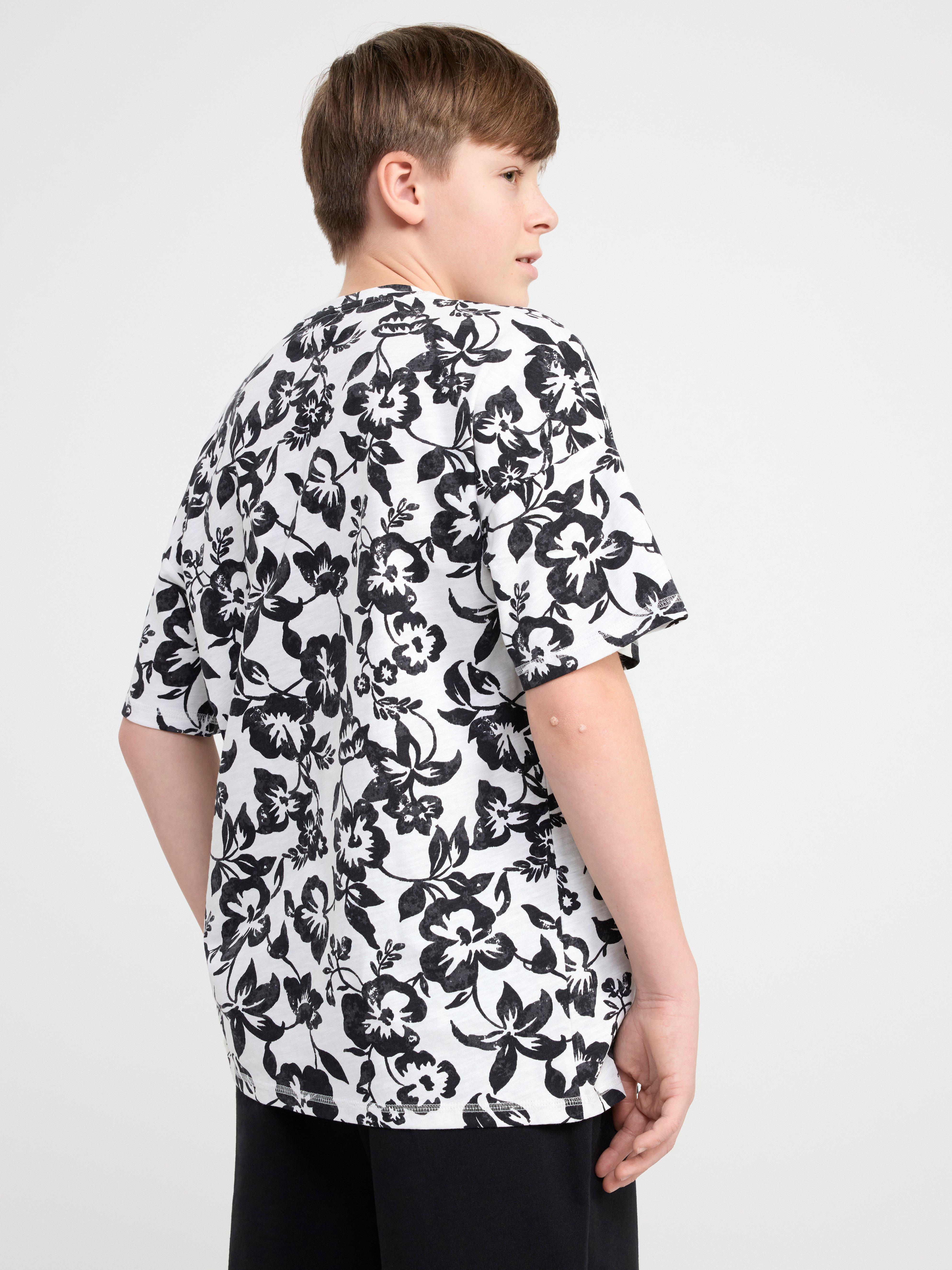 Patterned short sleeve slub jersey top Black
