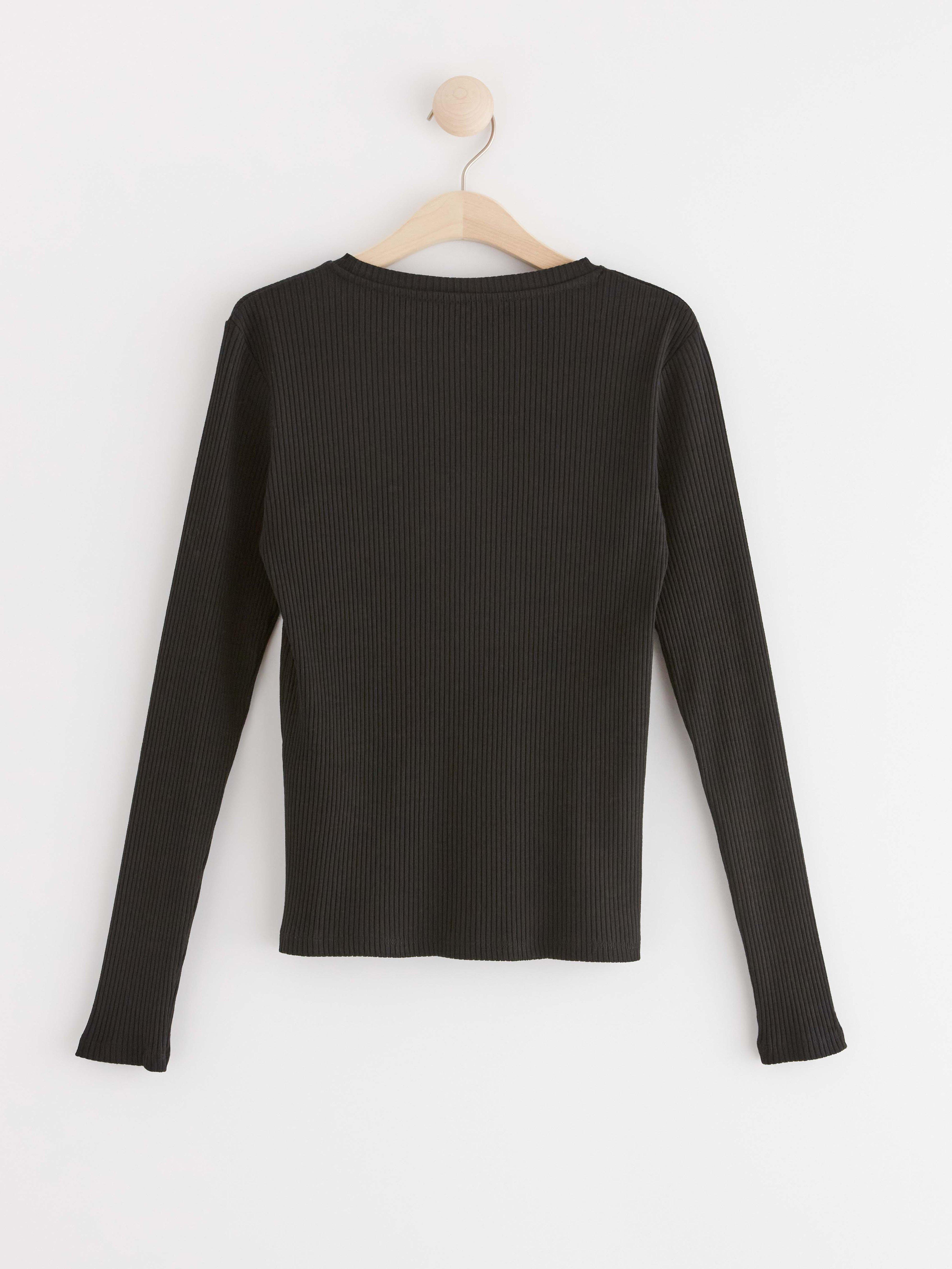Rib-knitted long sleeve top Black
