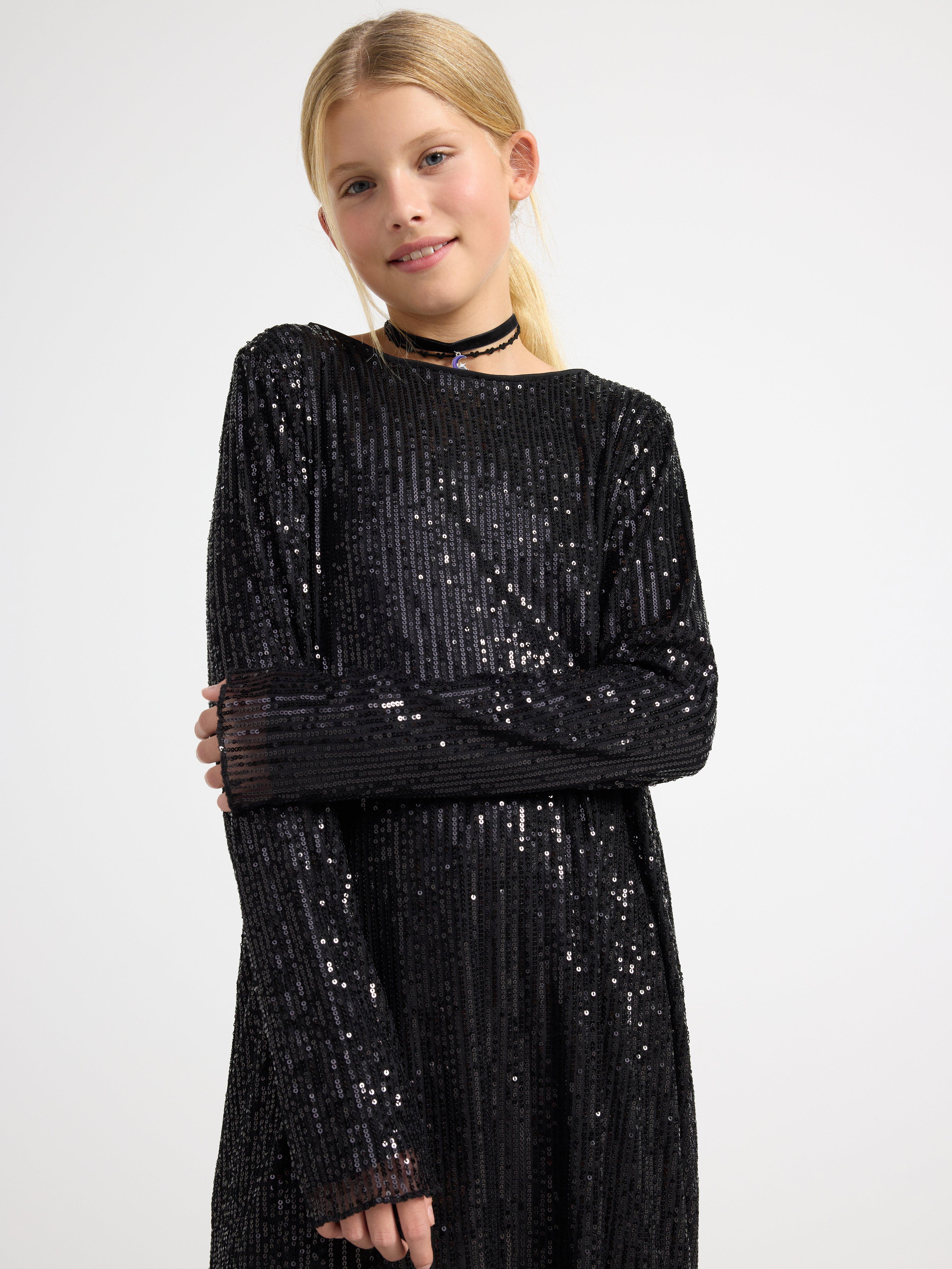Long sleeve sequin dress Black