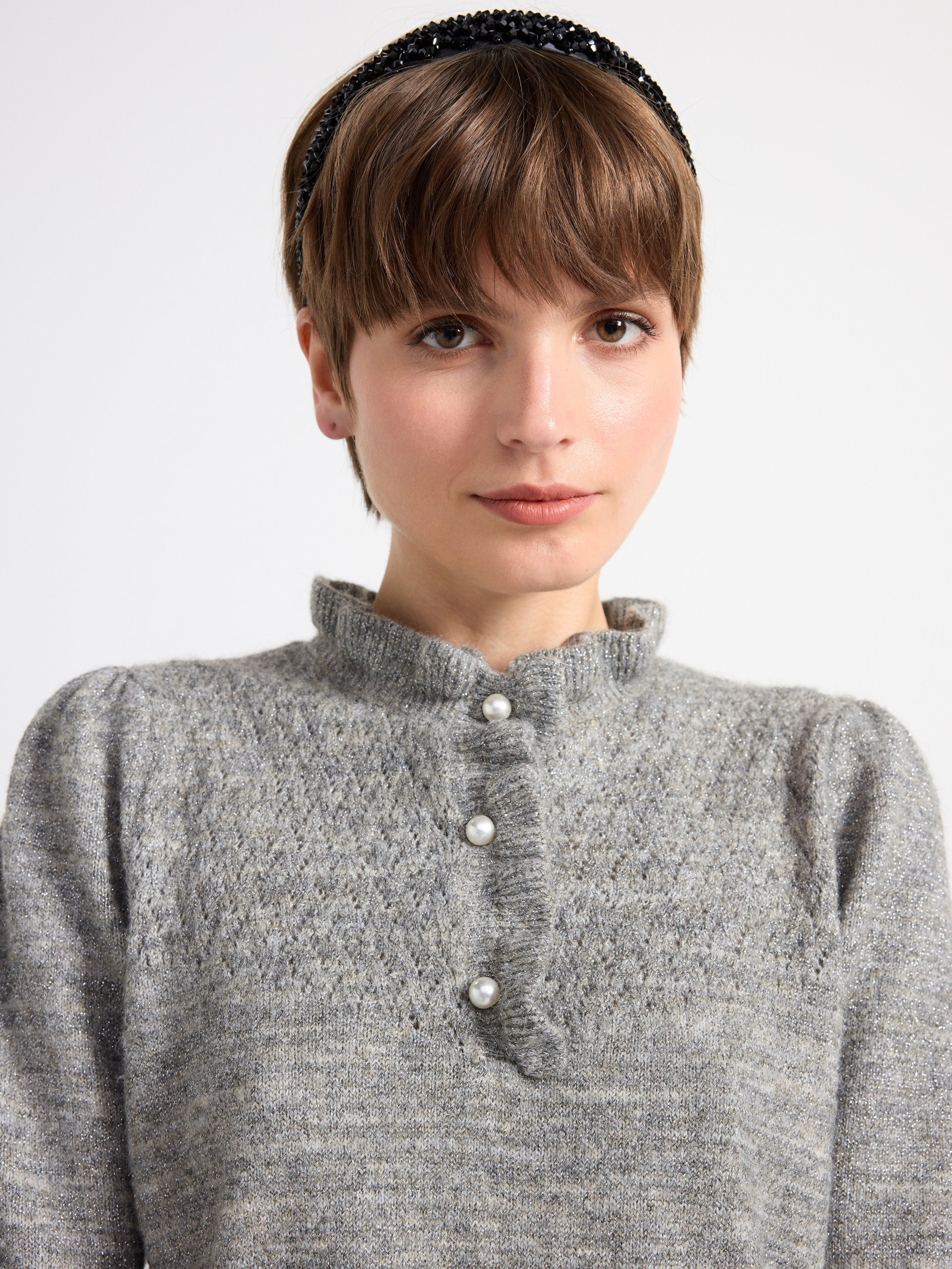 Knitted jumper with frill collar and beautiful metallic-shimmering yarn Grey melange