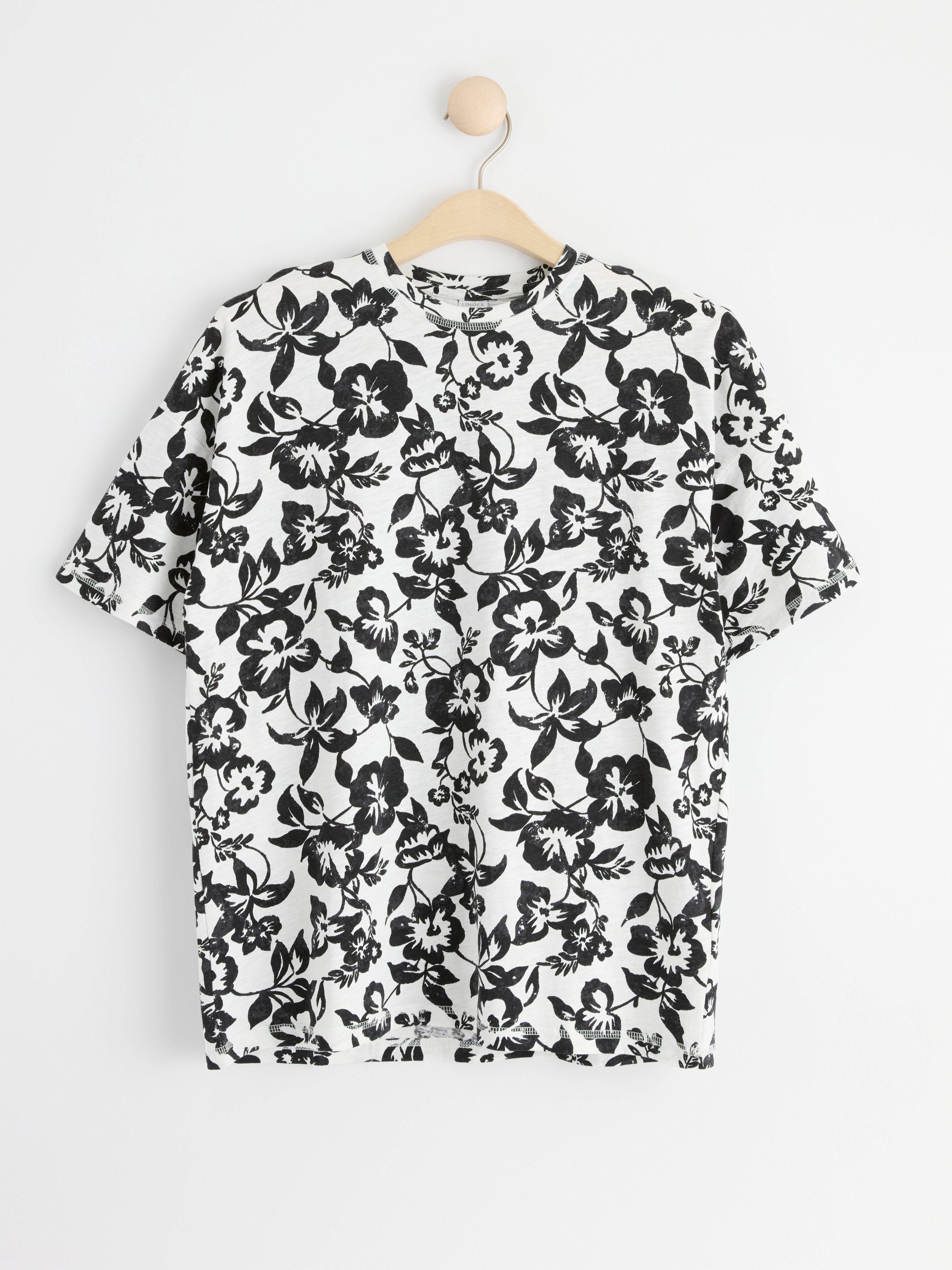 Patterned short sleeve slub jersey top Black