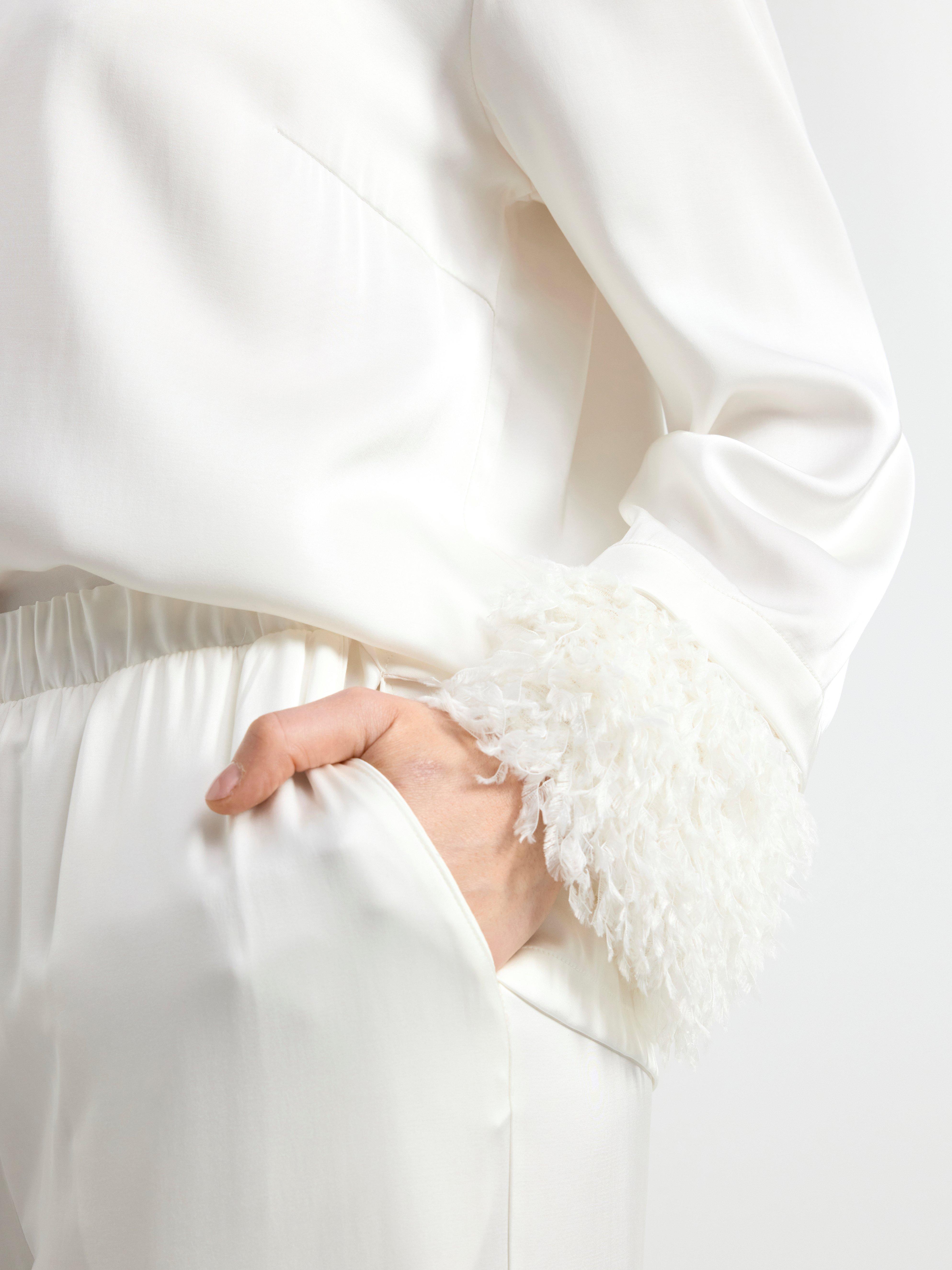 Satin pyjama set with faux feathers Light White