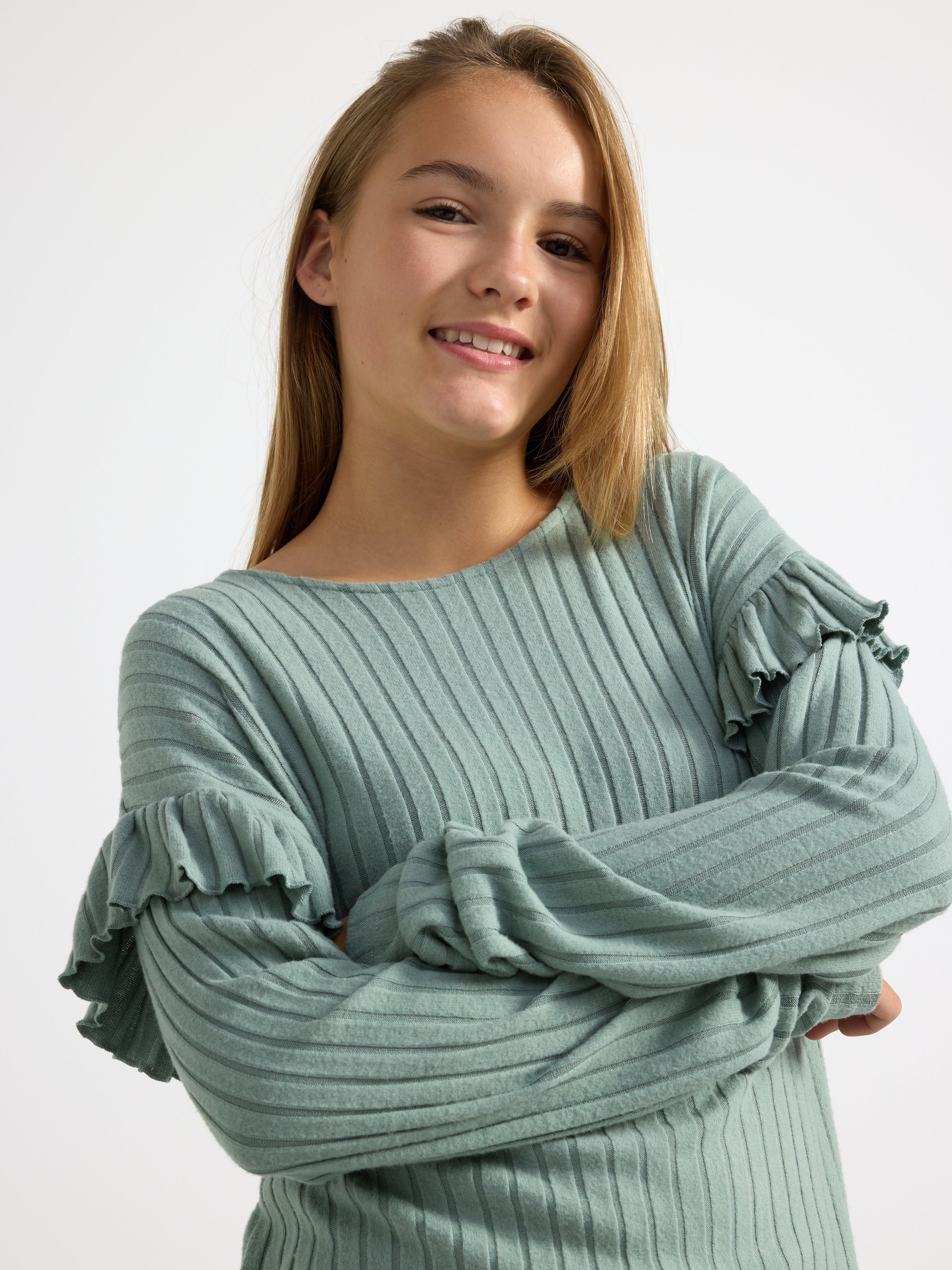 Ribbed long sleeve top with frills Light Dusty Green