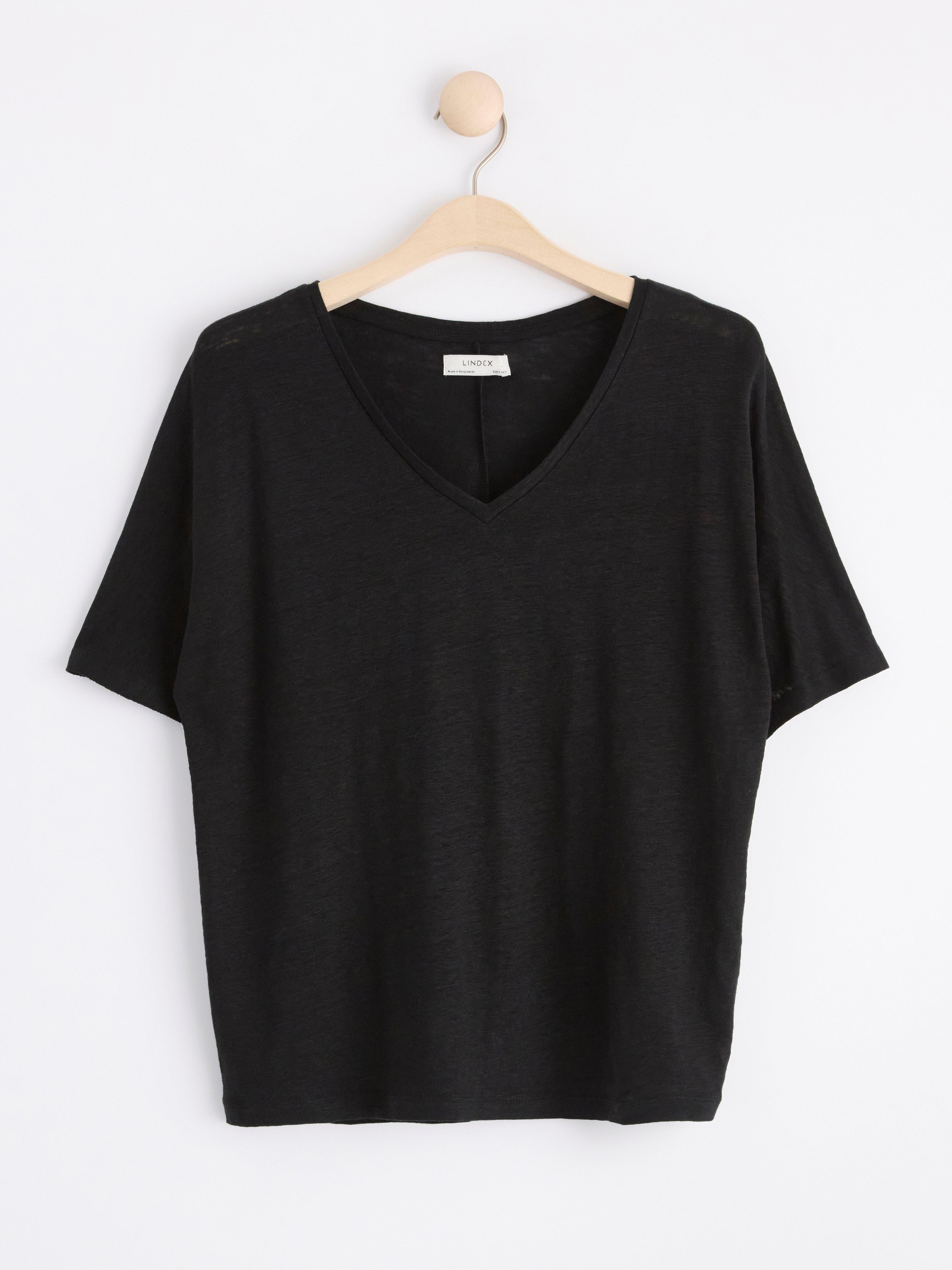 Short sleeve v-neck linen top Black