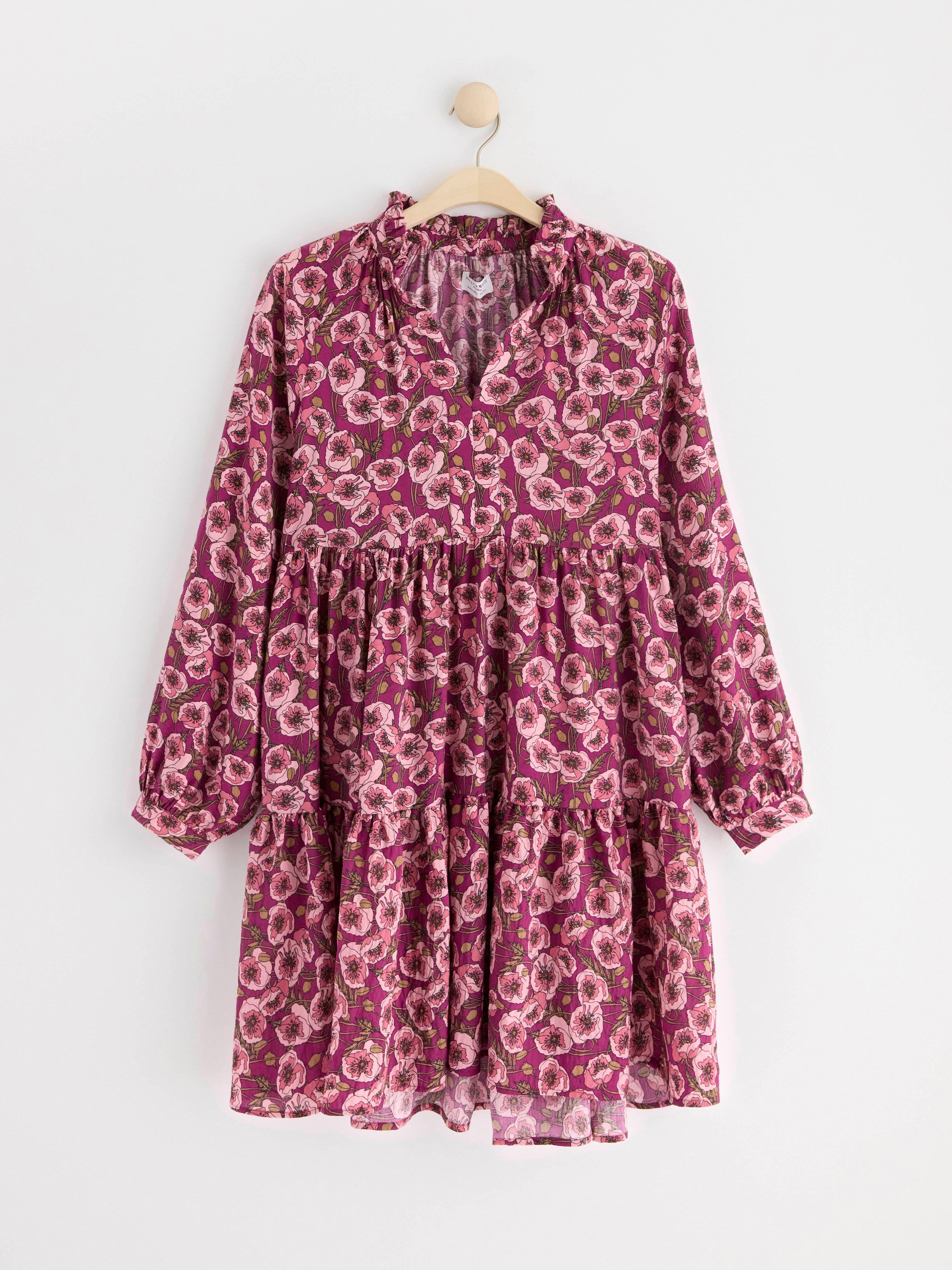 Tiered long sleeve dress Dark Pink