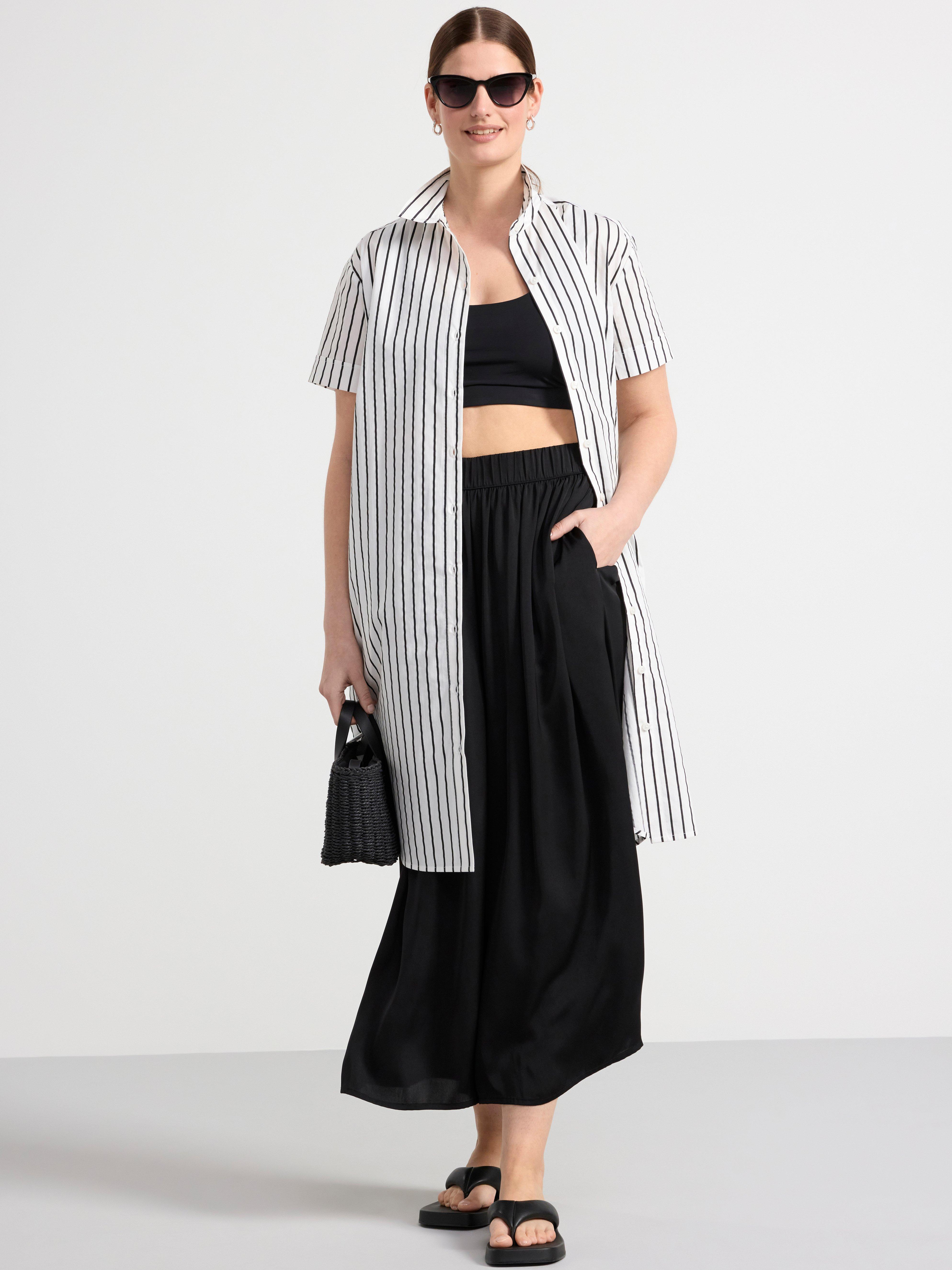 Short sleeve shirt dress with stripes Black