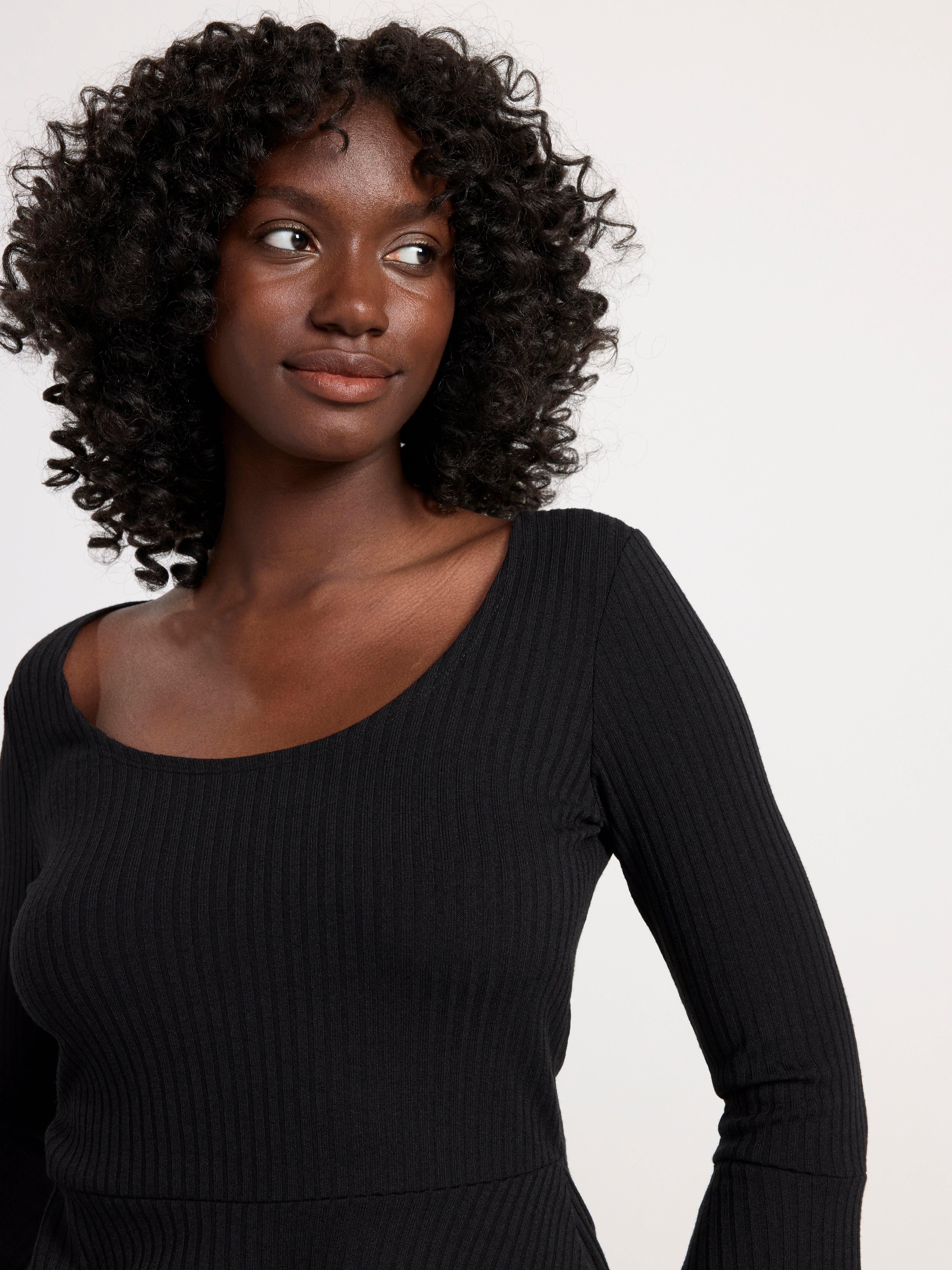 Ribbed long sleeve peplum top Black