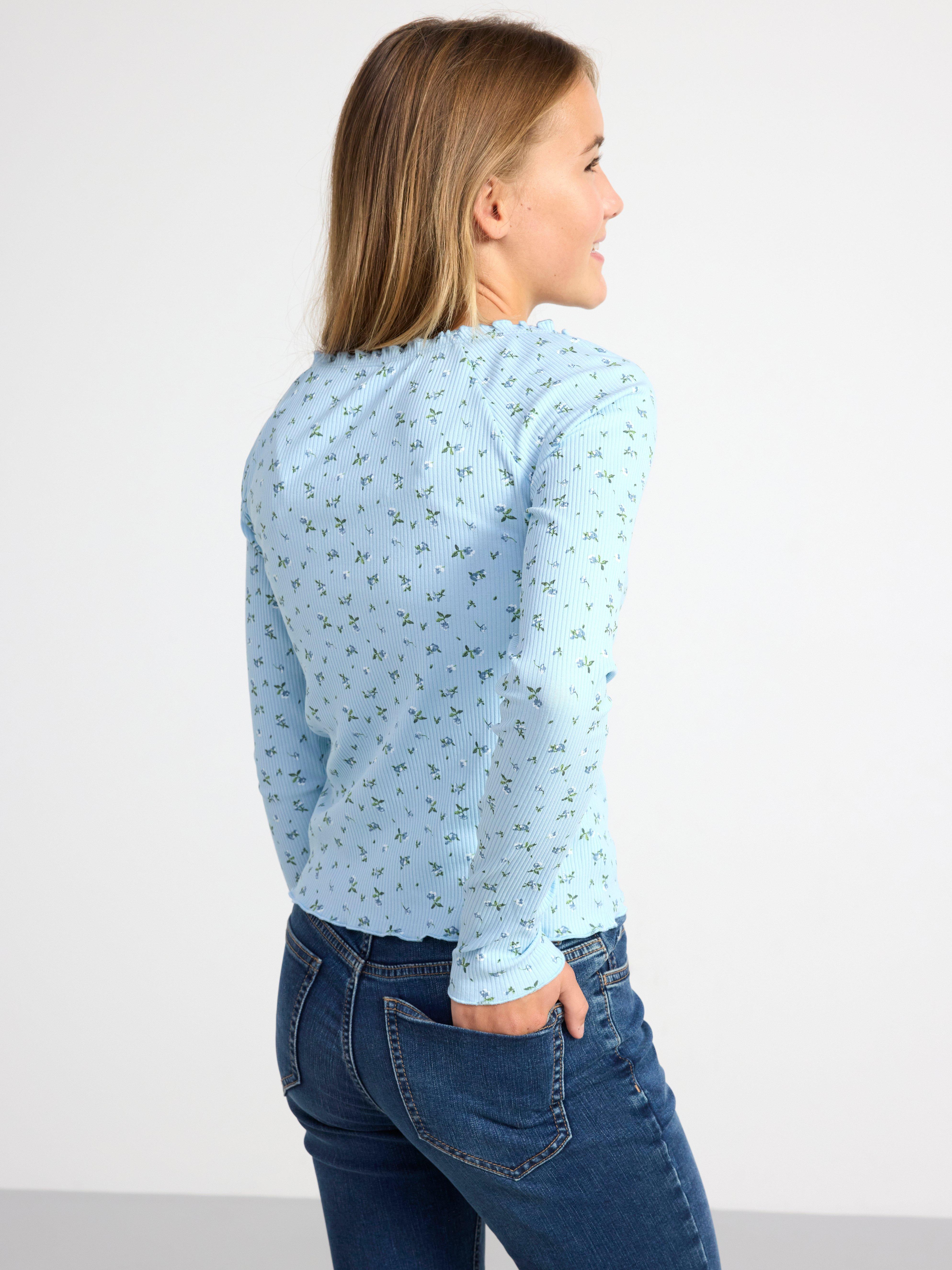 Ribbed long sleeve top with flowers Light Blue
