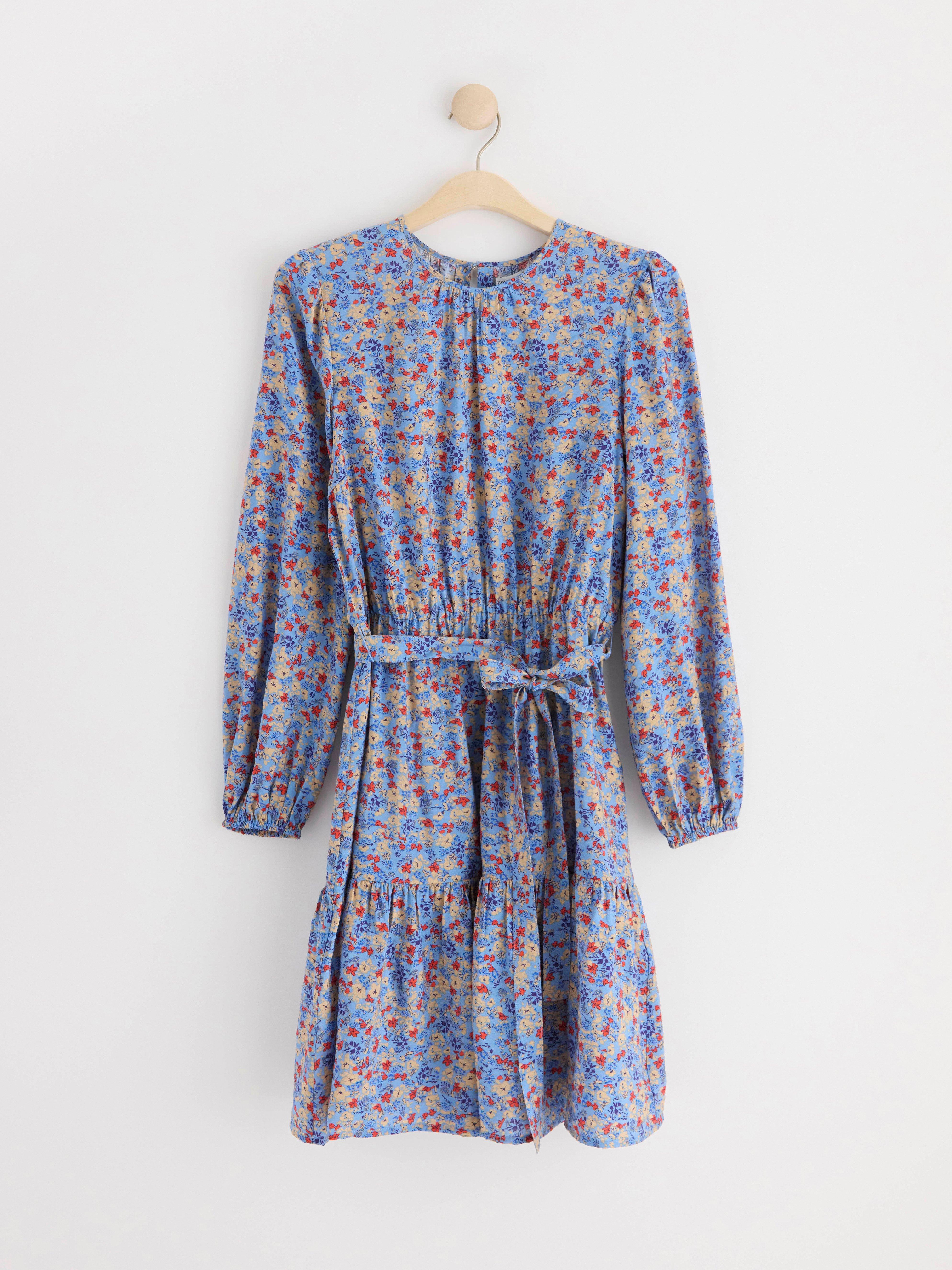 Long sleeve mini dress with flowers Light Blue