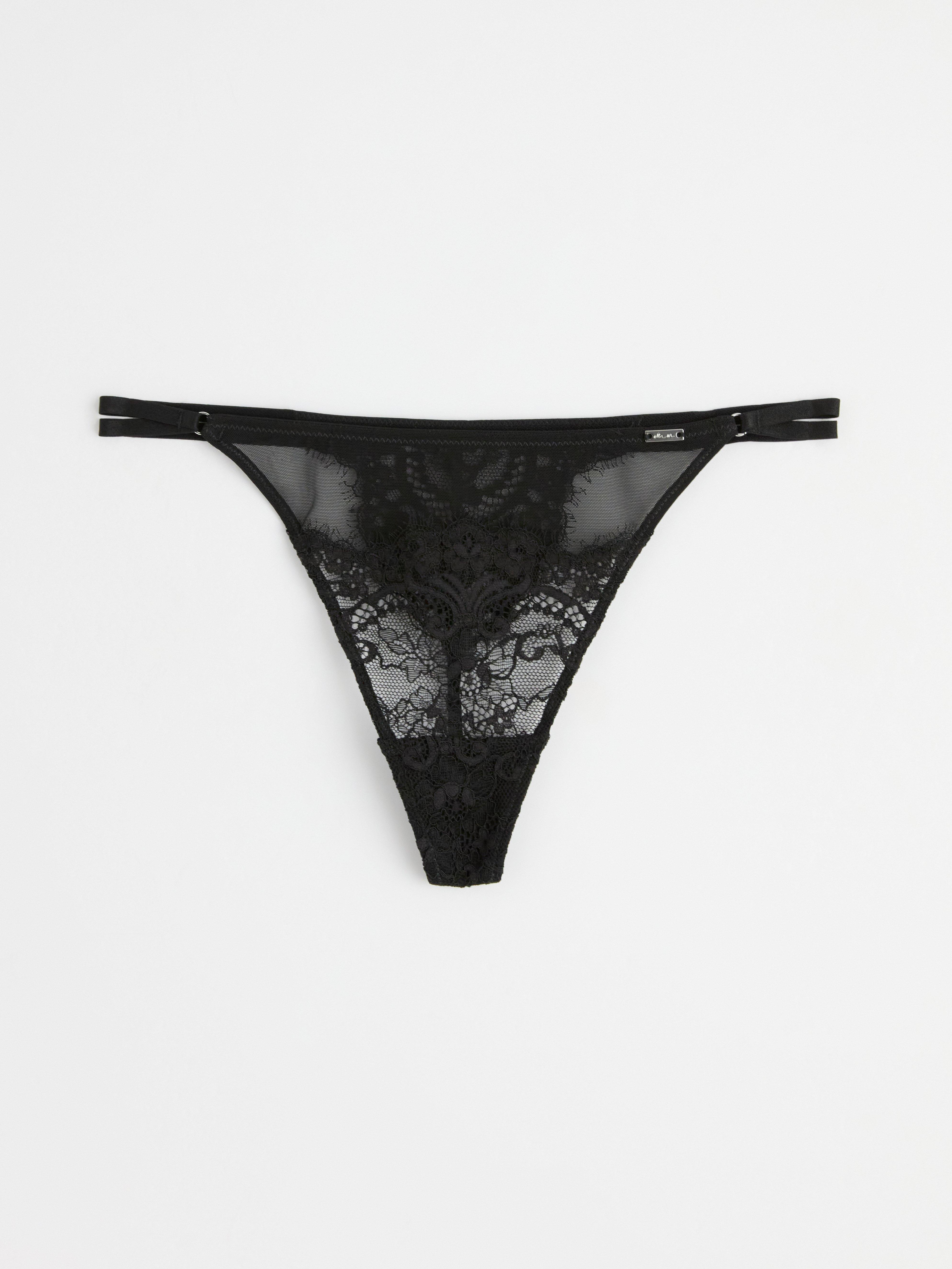 Thong low waist with mesh and lace Black