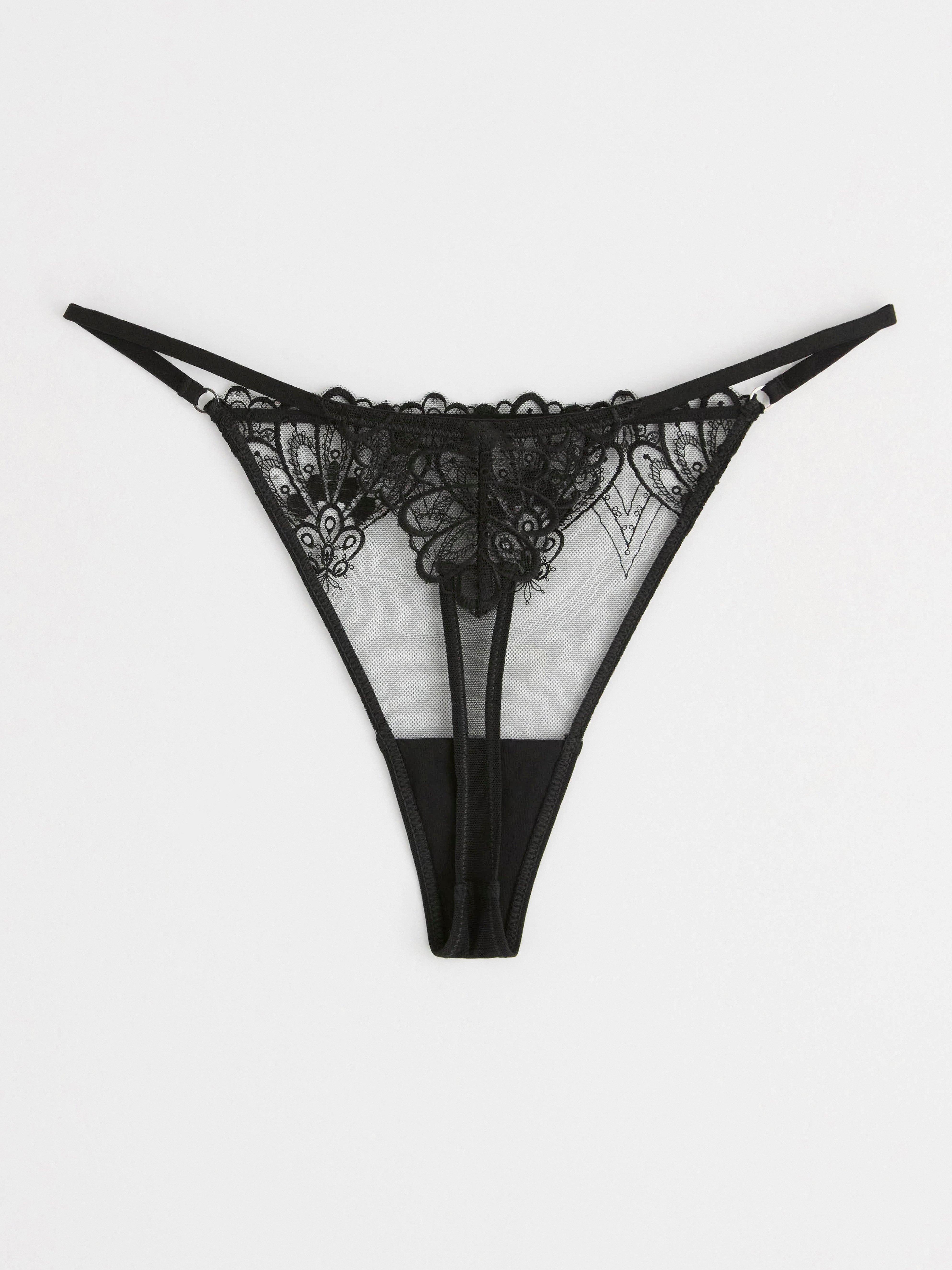 Thong low waist with mesh and lace Black