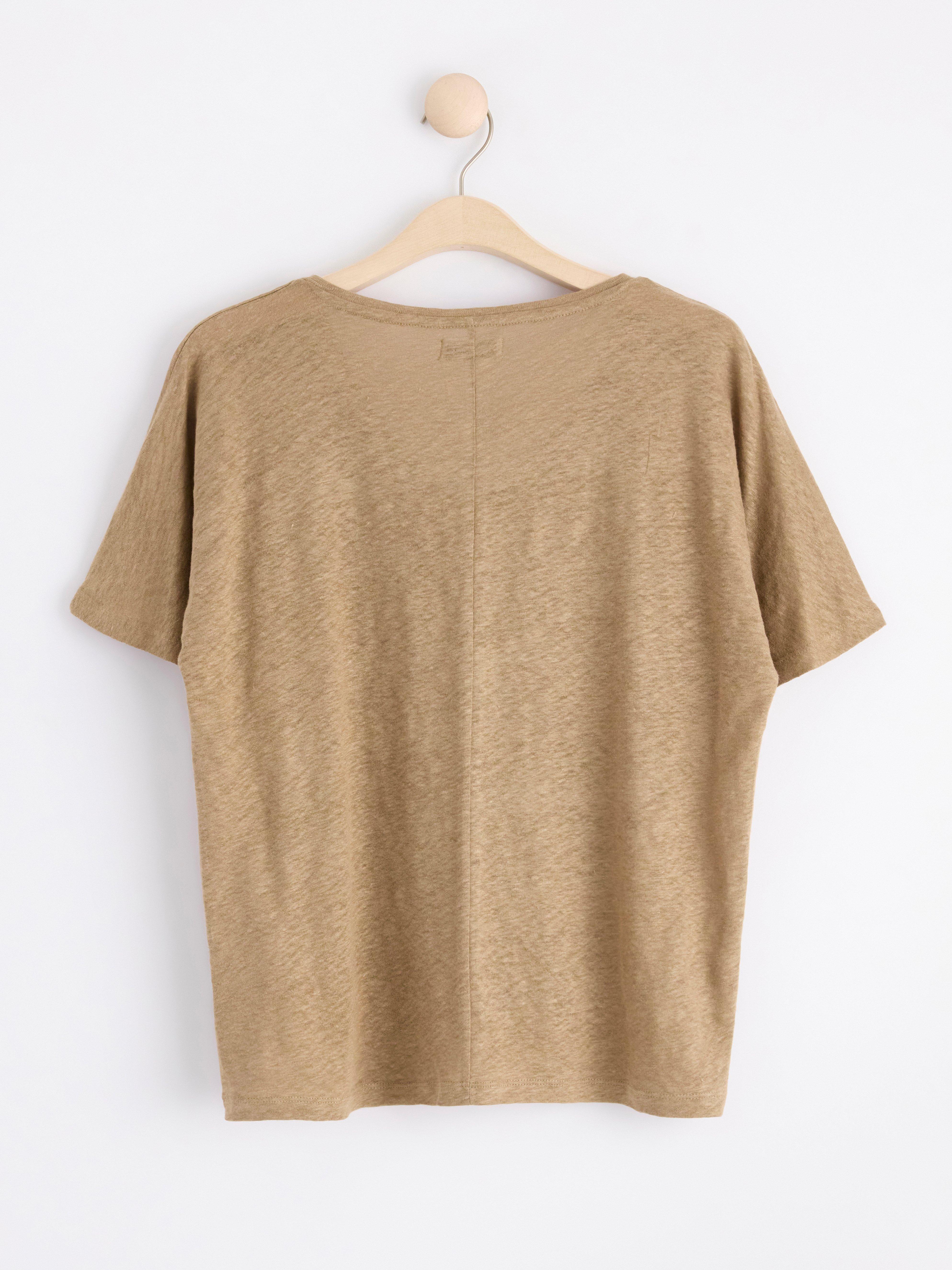 Short sleeve v-neck linen top Light dusty  Brown