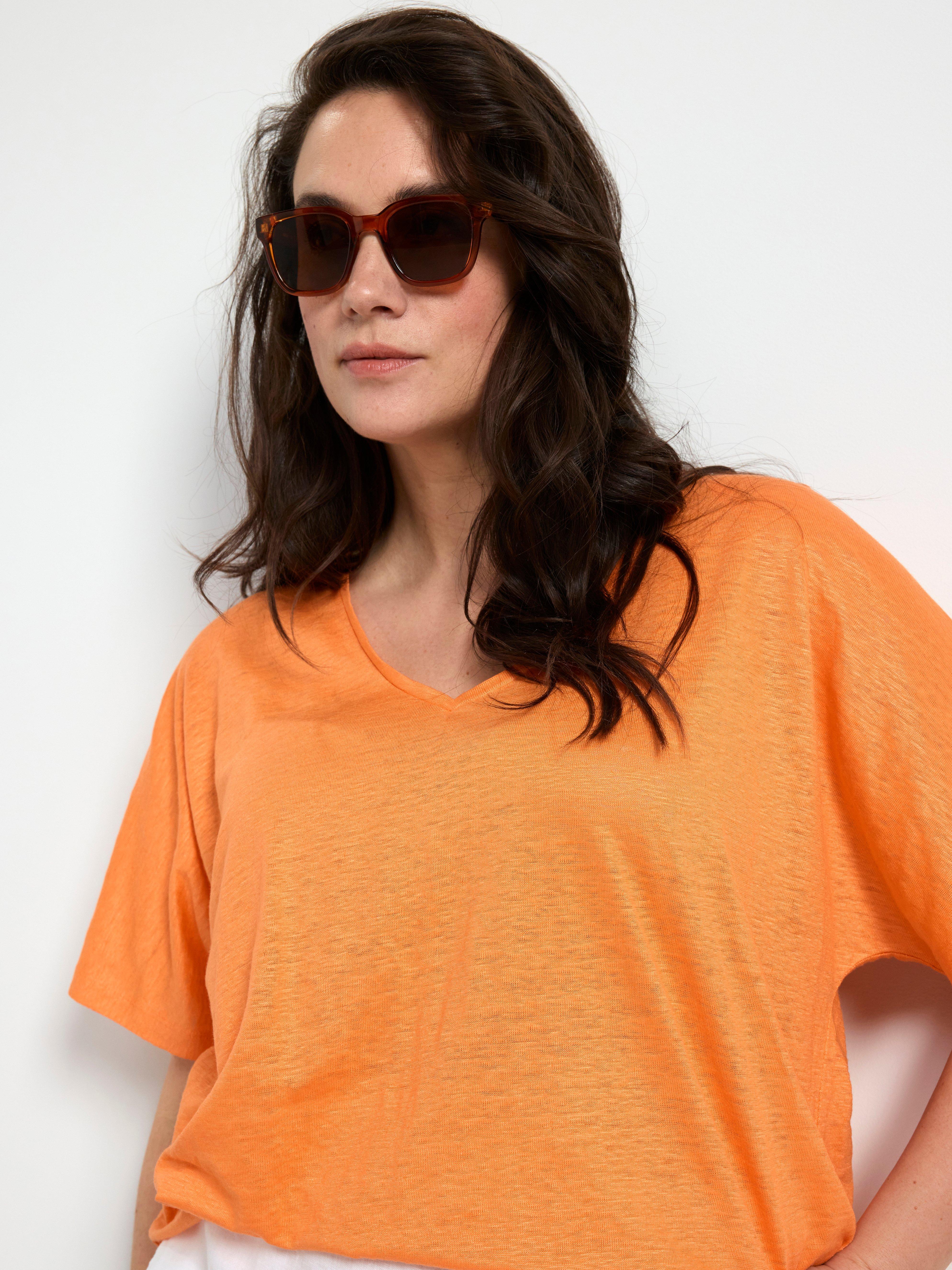 Short sleeve v-neck linen top Light Orange