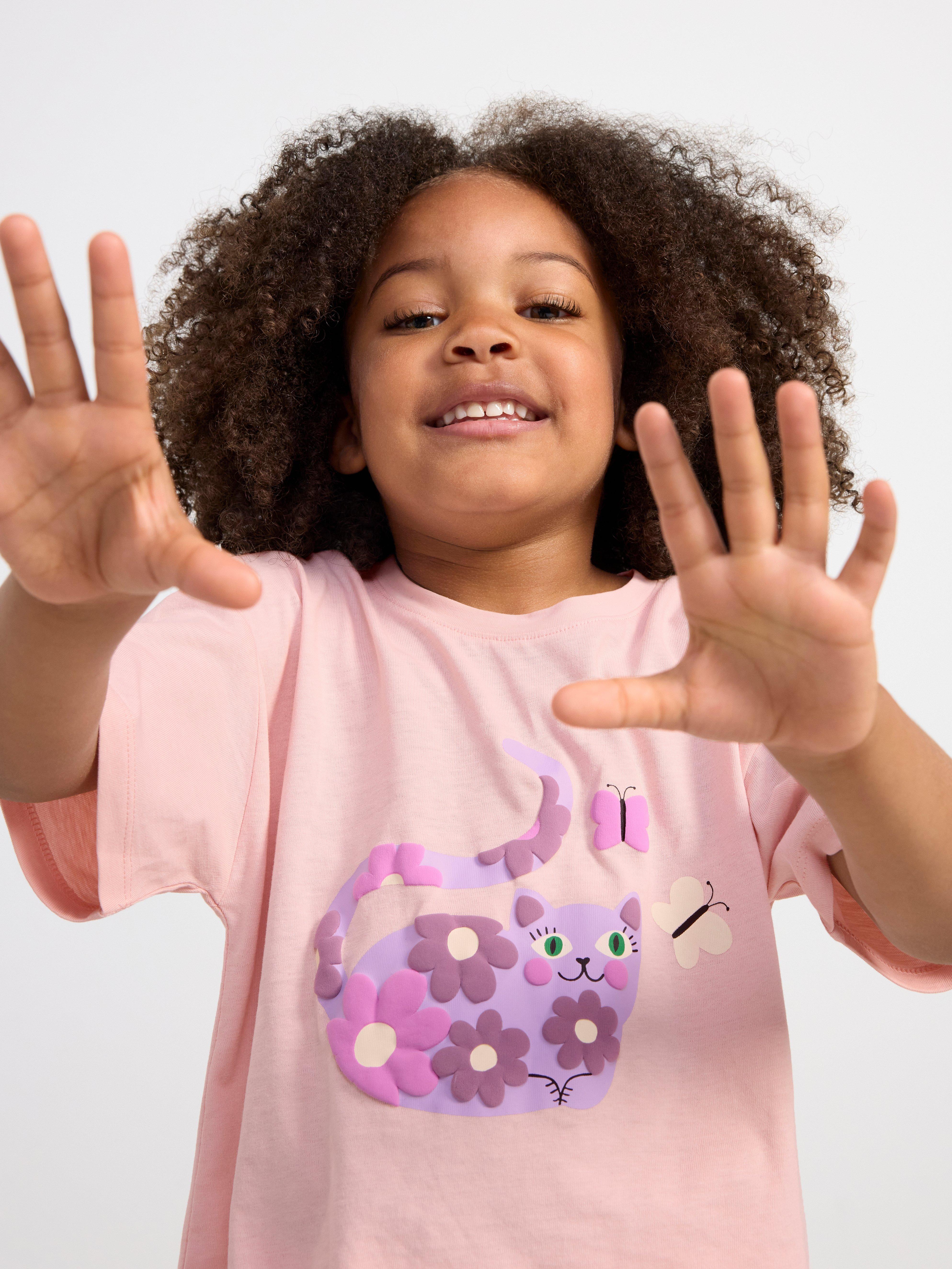 Oversize t-shirt with cat and flower print Light Dusty Pink