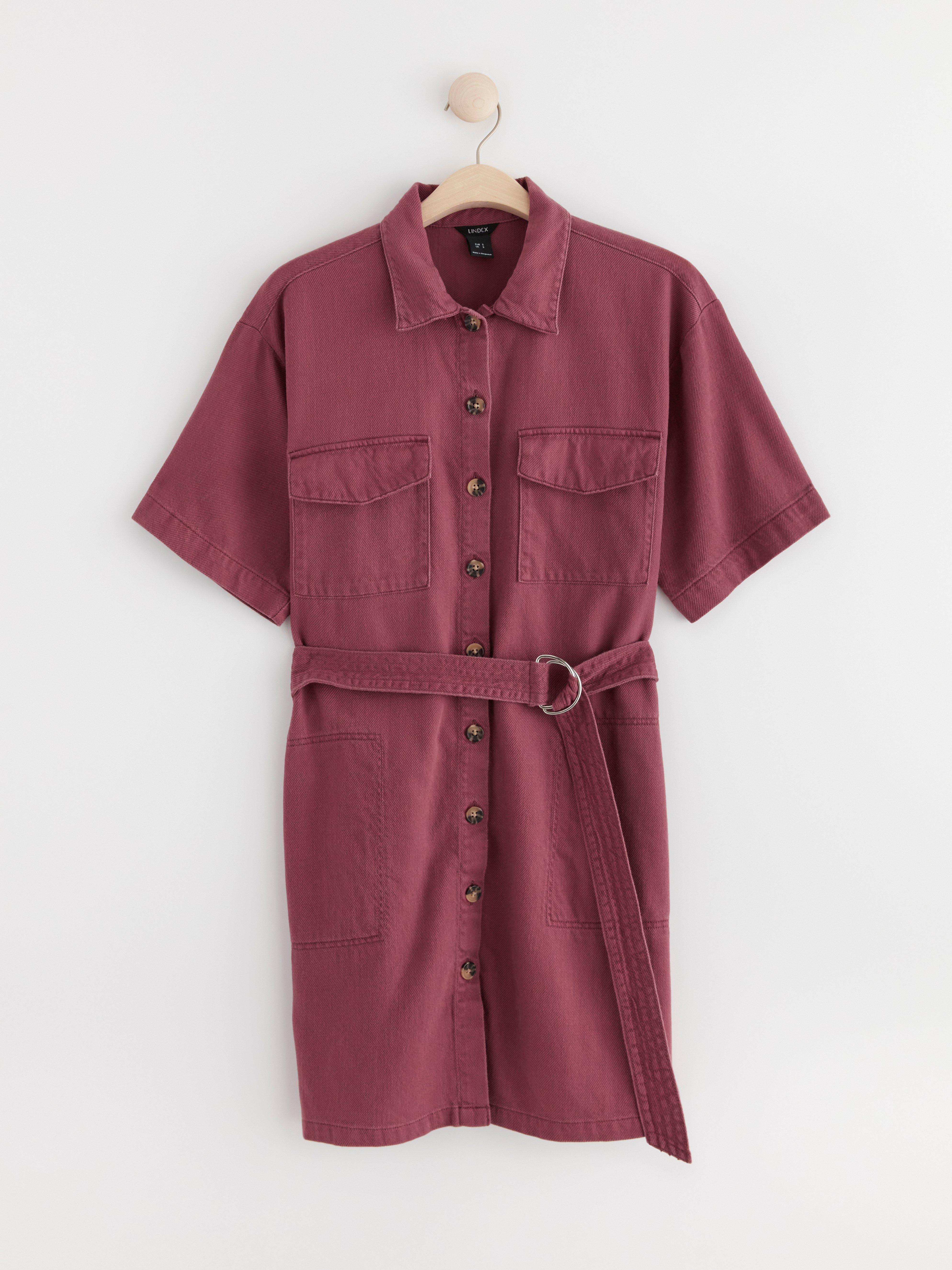 Shirt dress with pockets and belt to waist pink