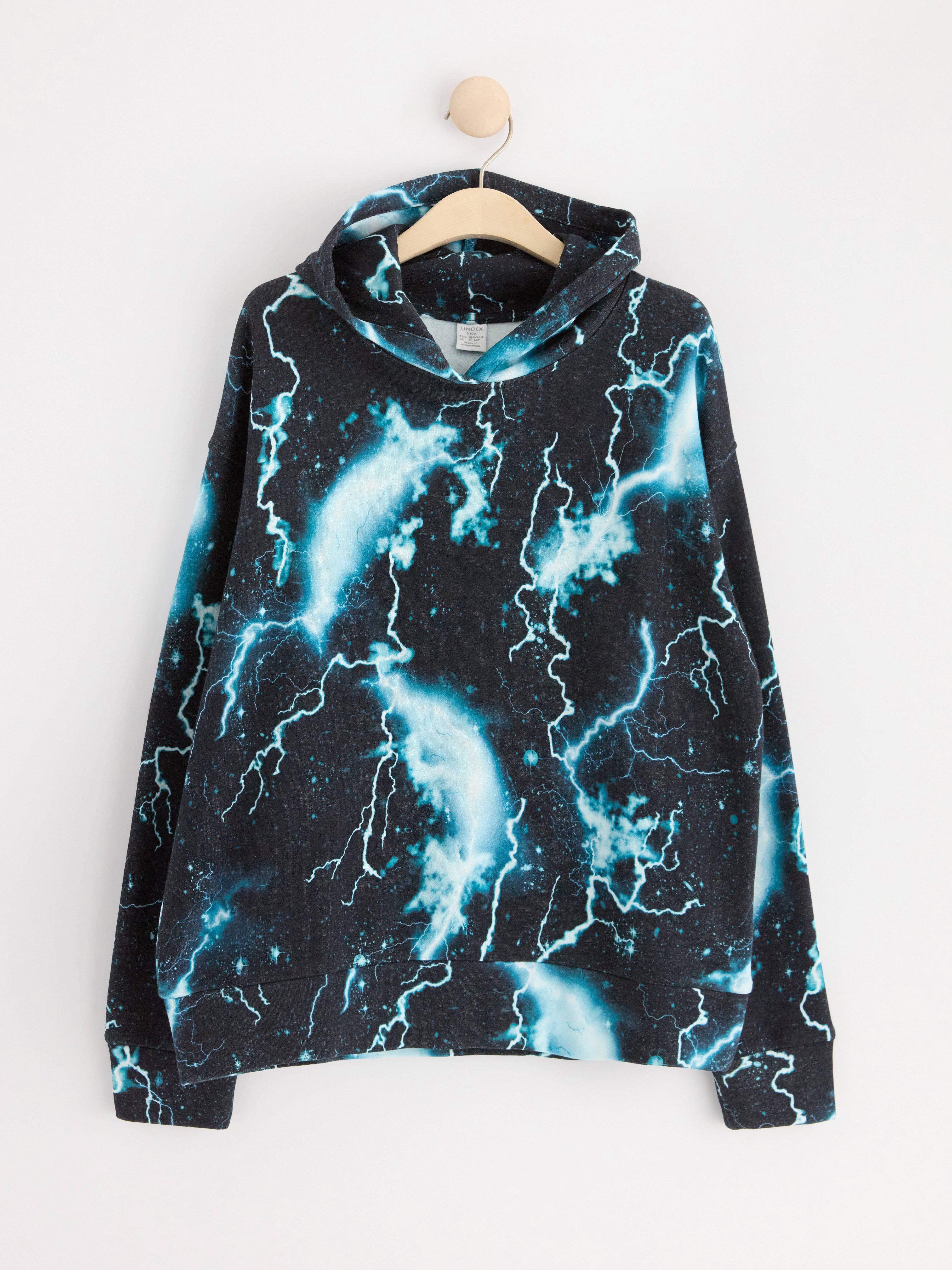 Hoodie with allover print and brushed inside Dusty turqouise