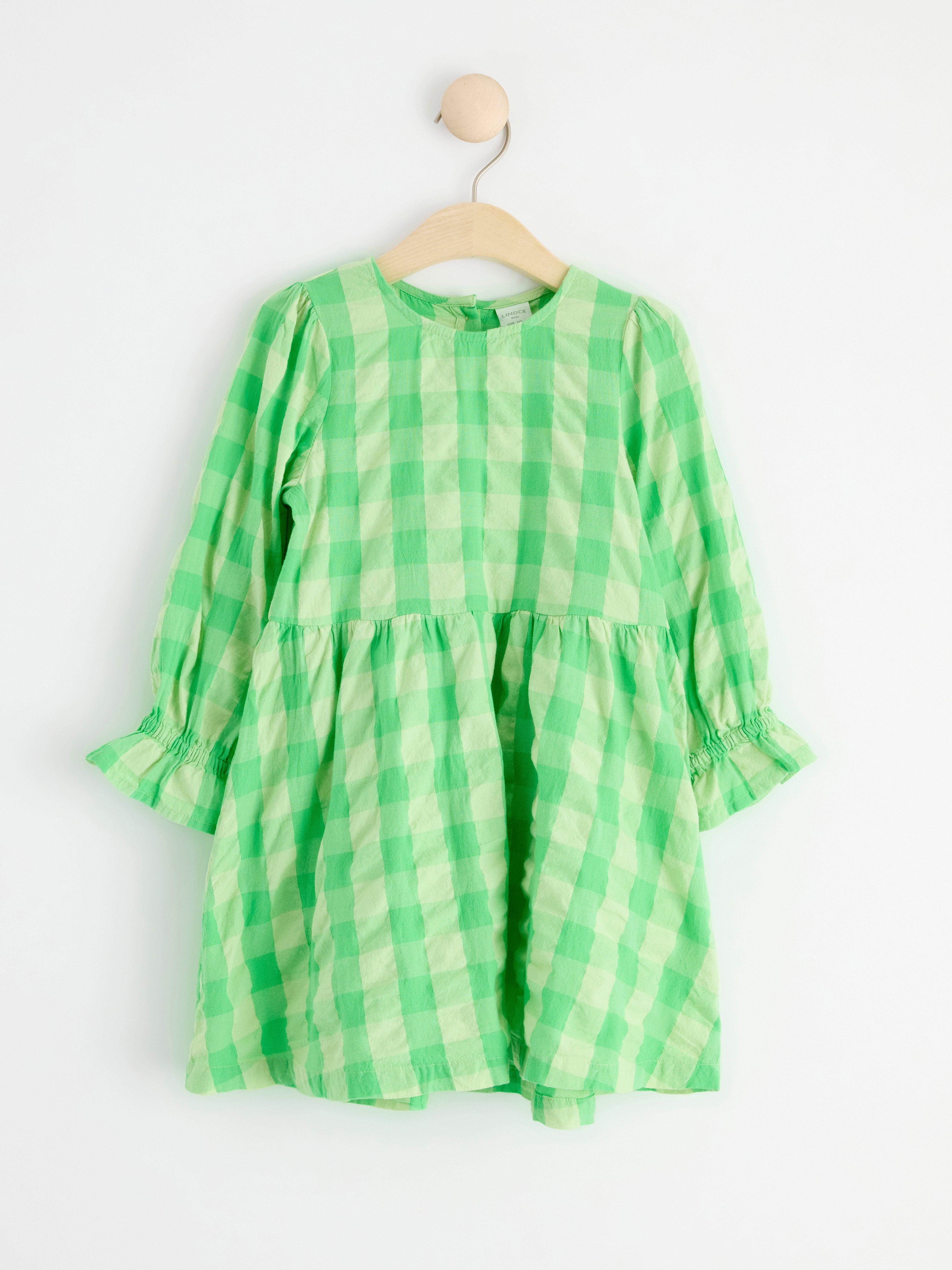 Long sleeve checked dress Light Green