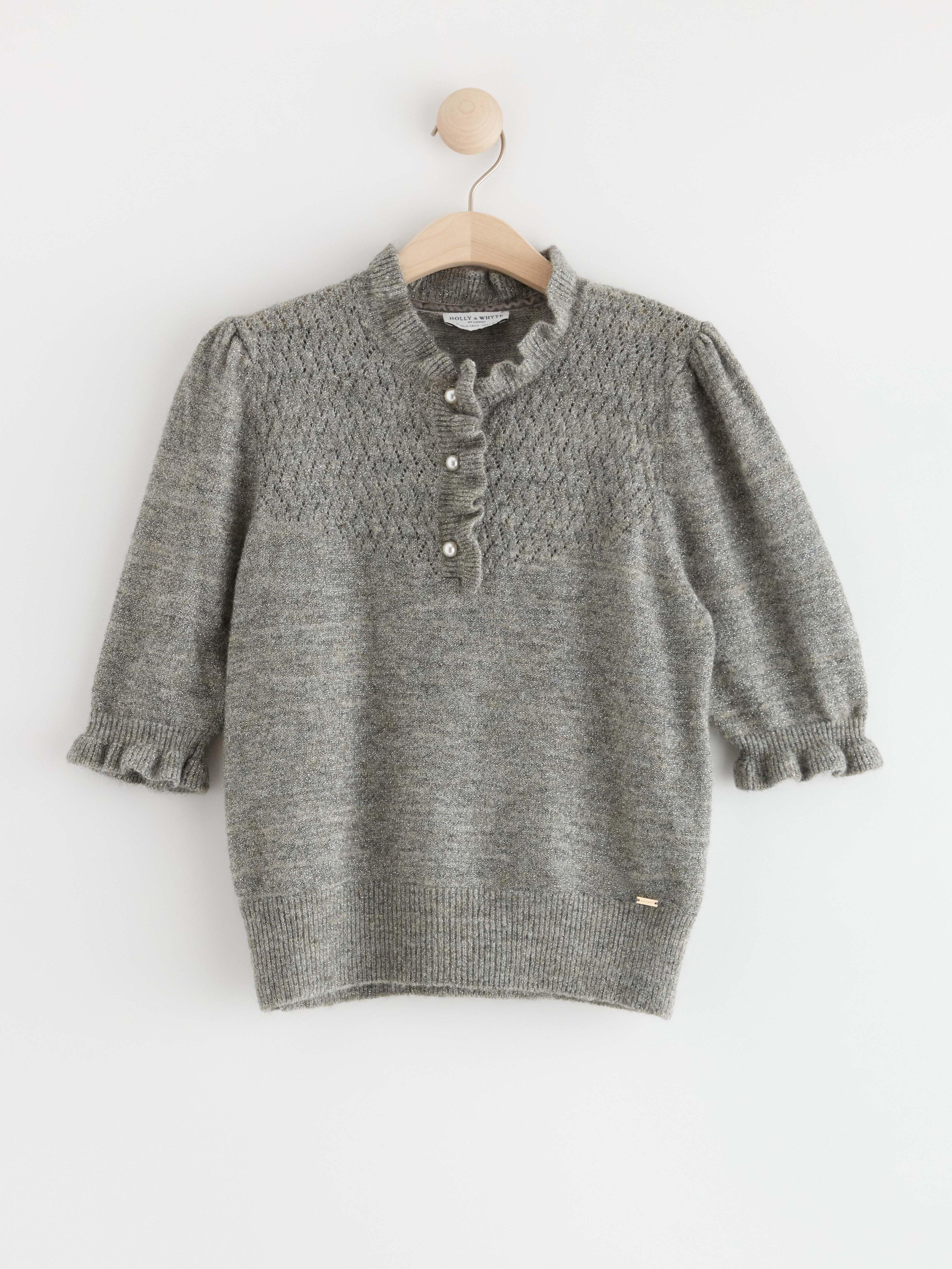 Knitted jumper with frill collar and beautiful metallic-shimmering yarn Grey melange