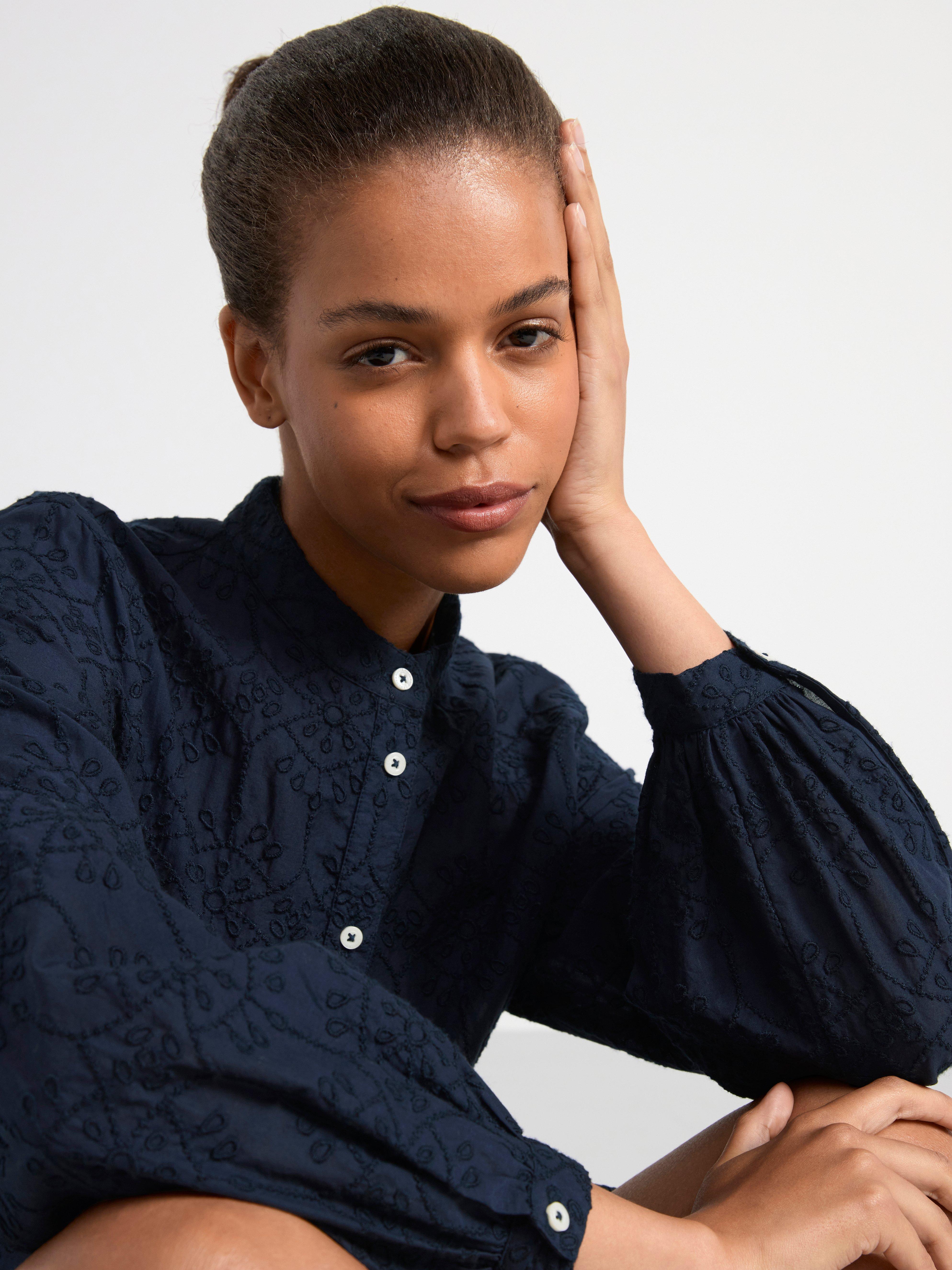 Long sleeve mini dress with embroidery Navy