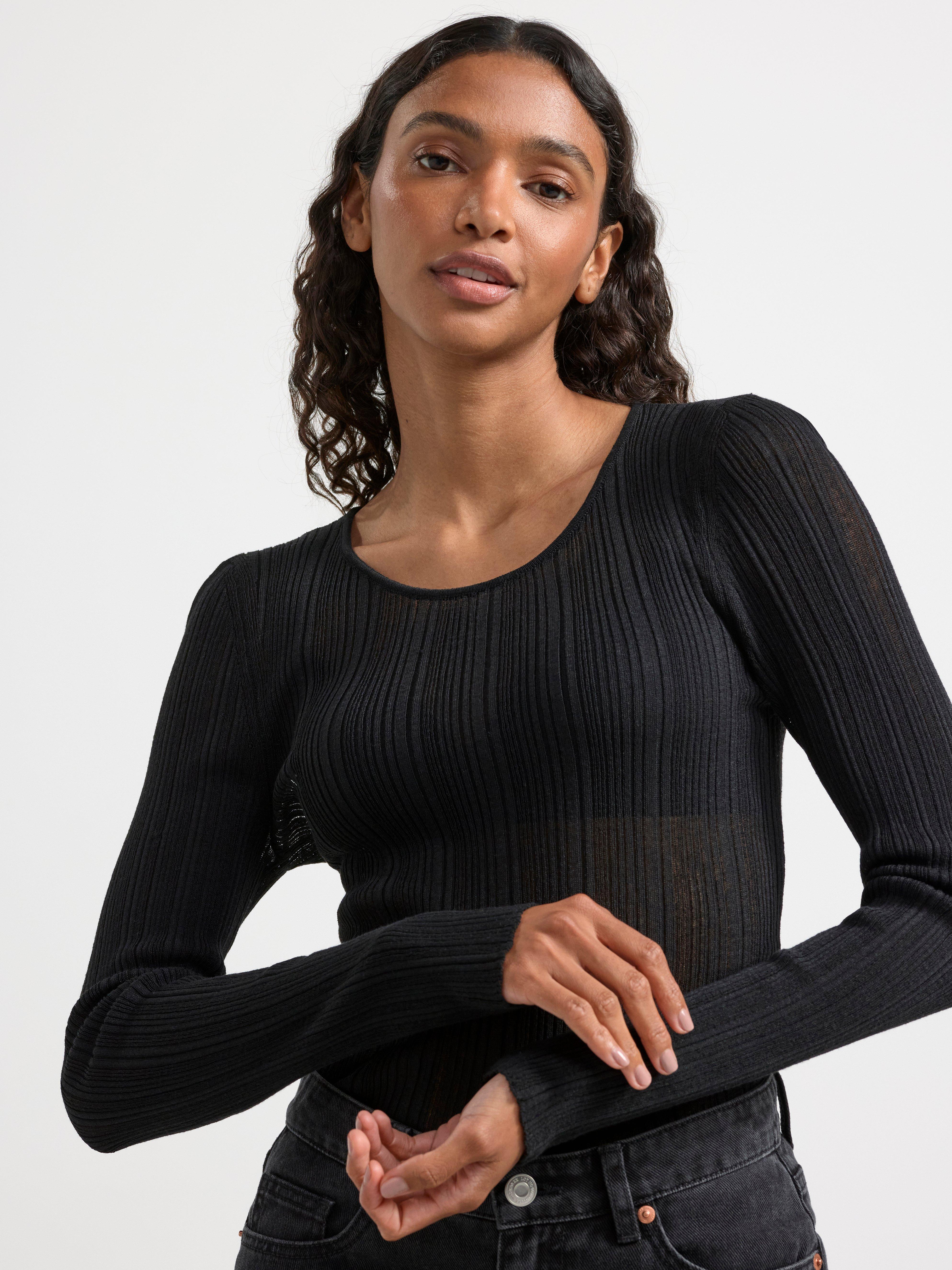 Rib-knit long sleeve top Black