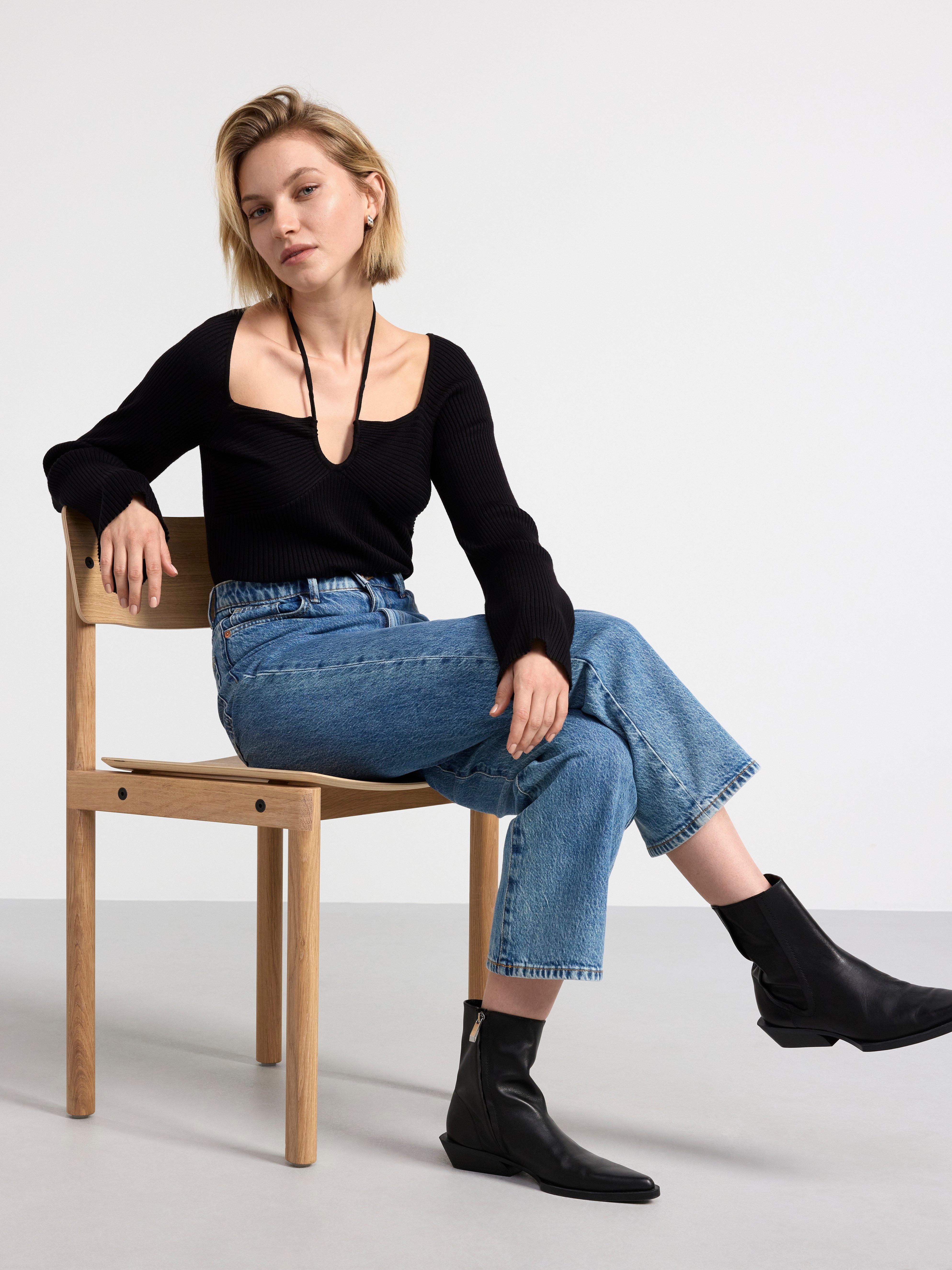 Ribbed knitted long sleeve top Black