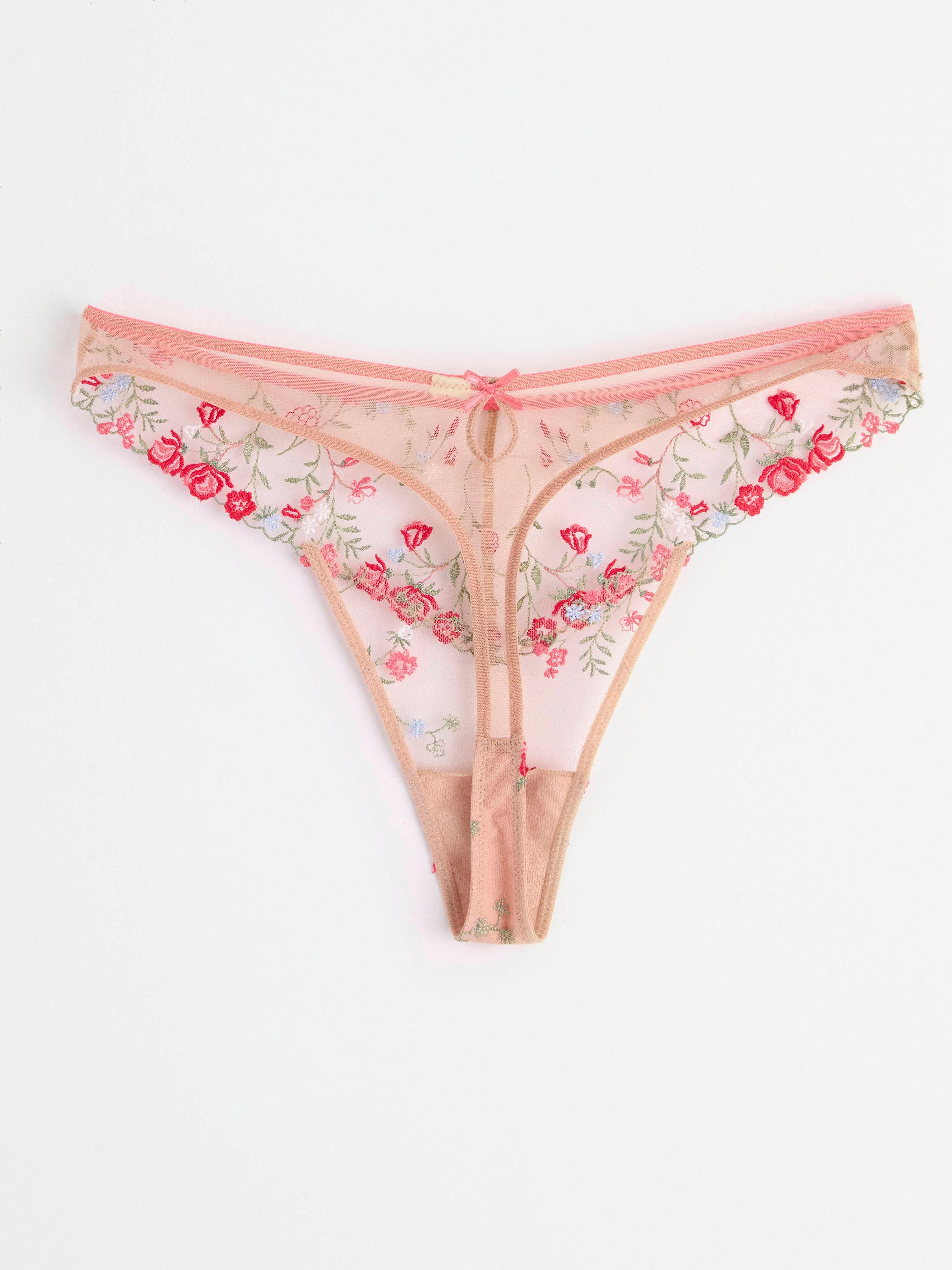 Thong low waist with lace flowers Dark Pink