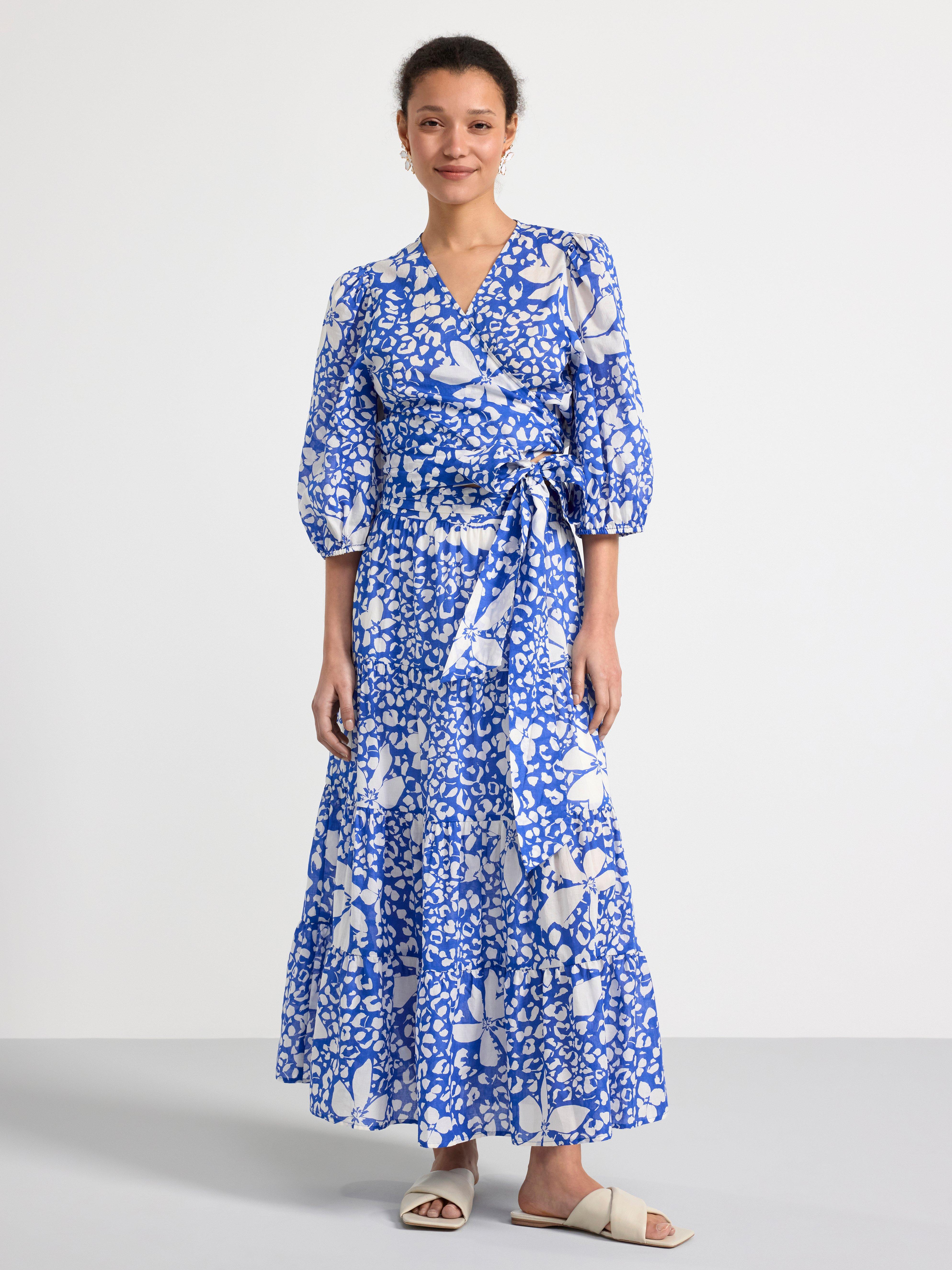 Patterned puff sleeve wrap blouse blue