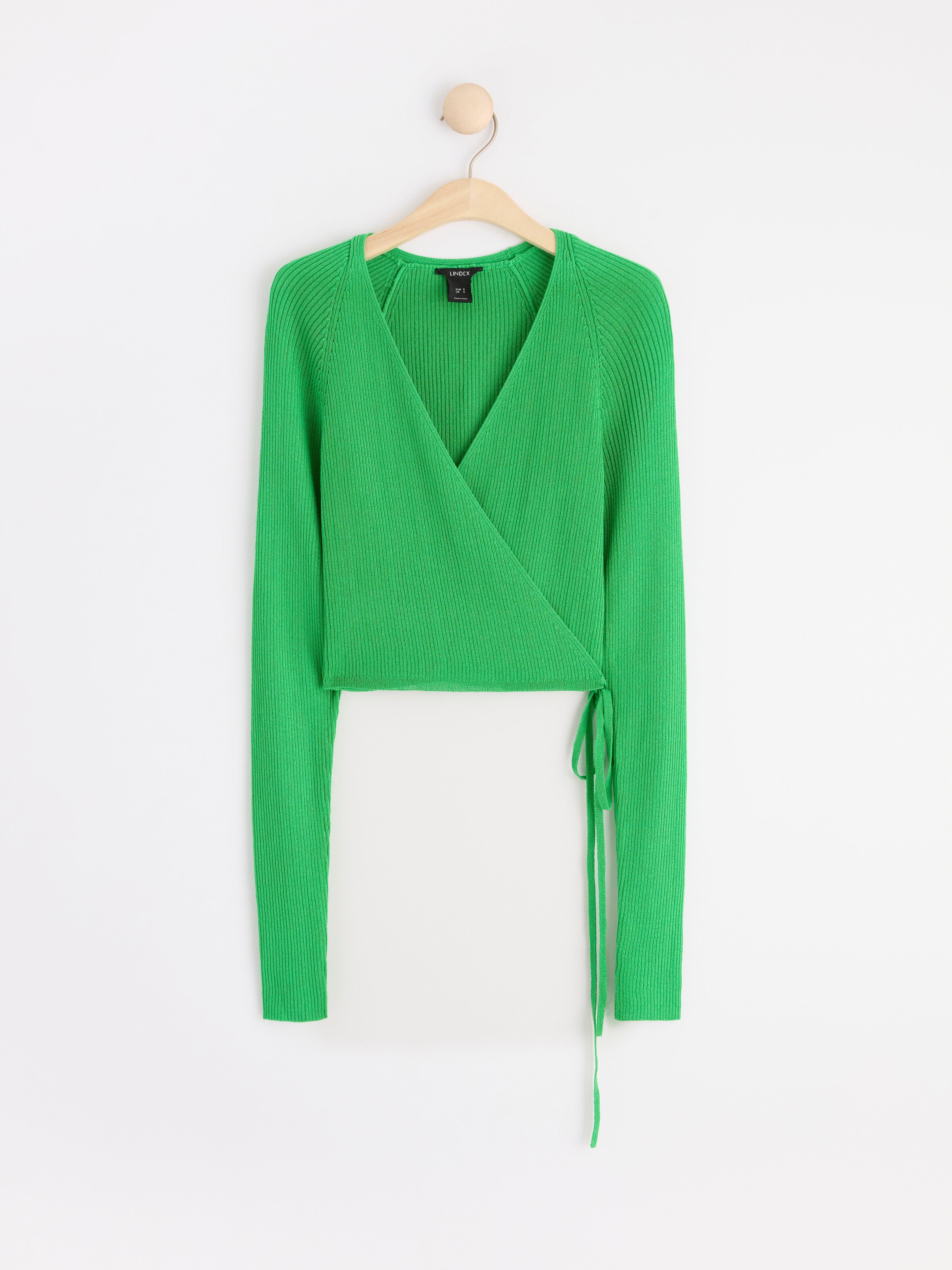 Knitted long sleeve wrap top Green