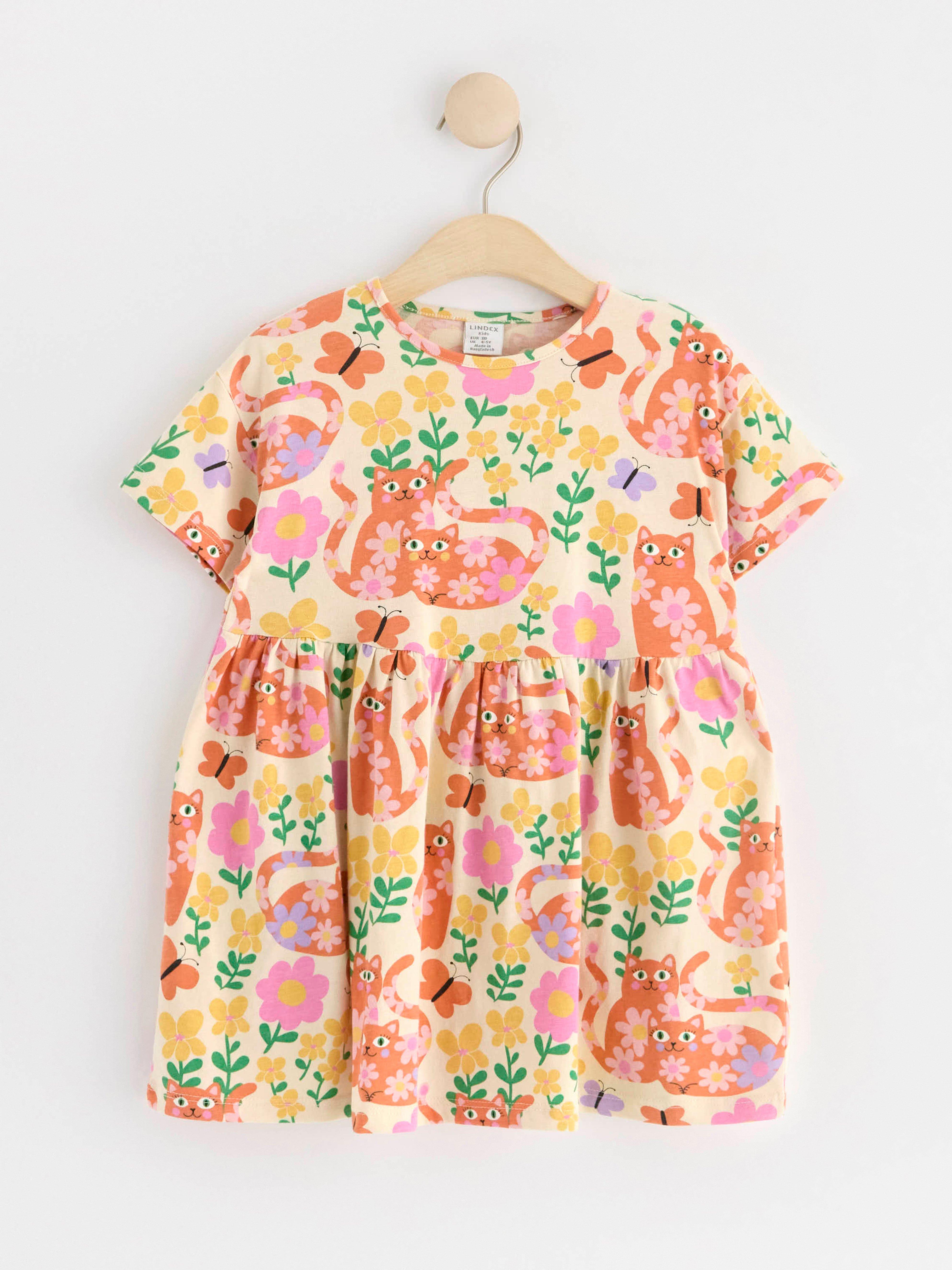 Short sleeve dress with cats and flowers Light Beige