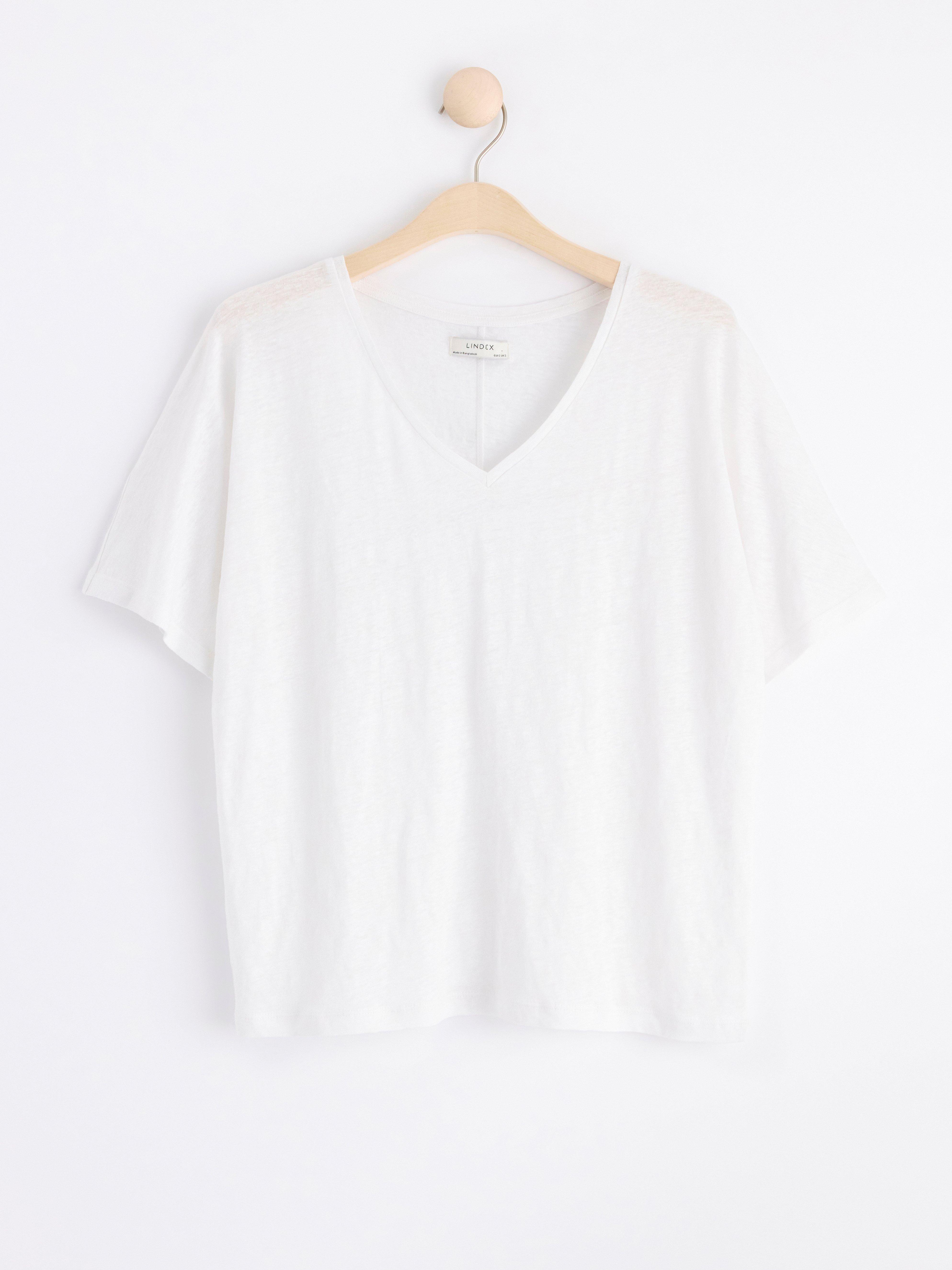 Short sleeve v-neck linen top White
