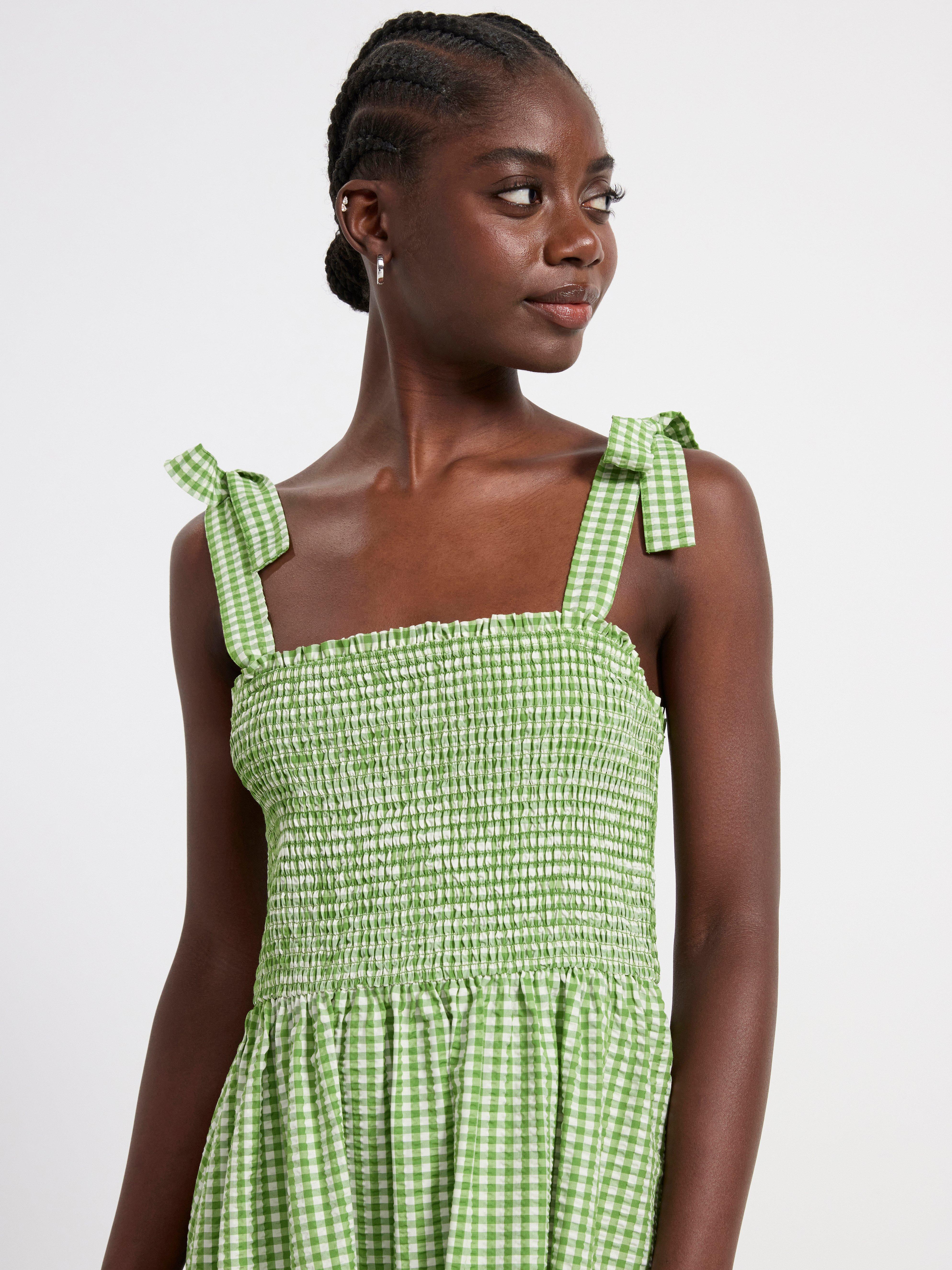 Checked midi dress with smock Dark Lime