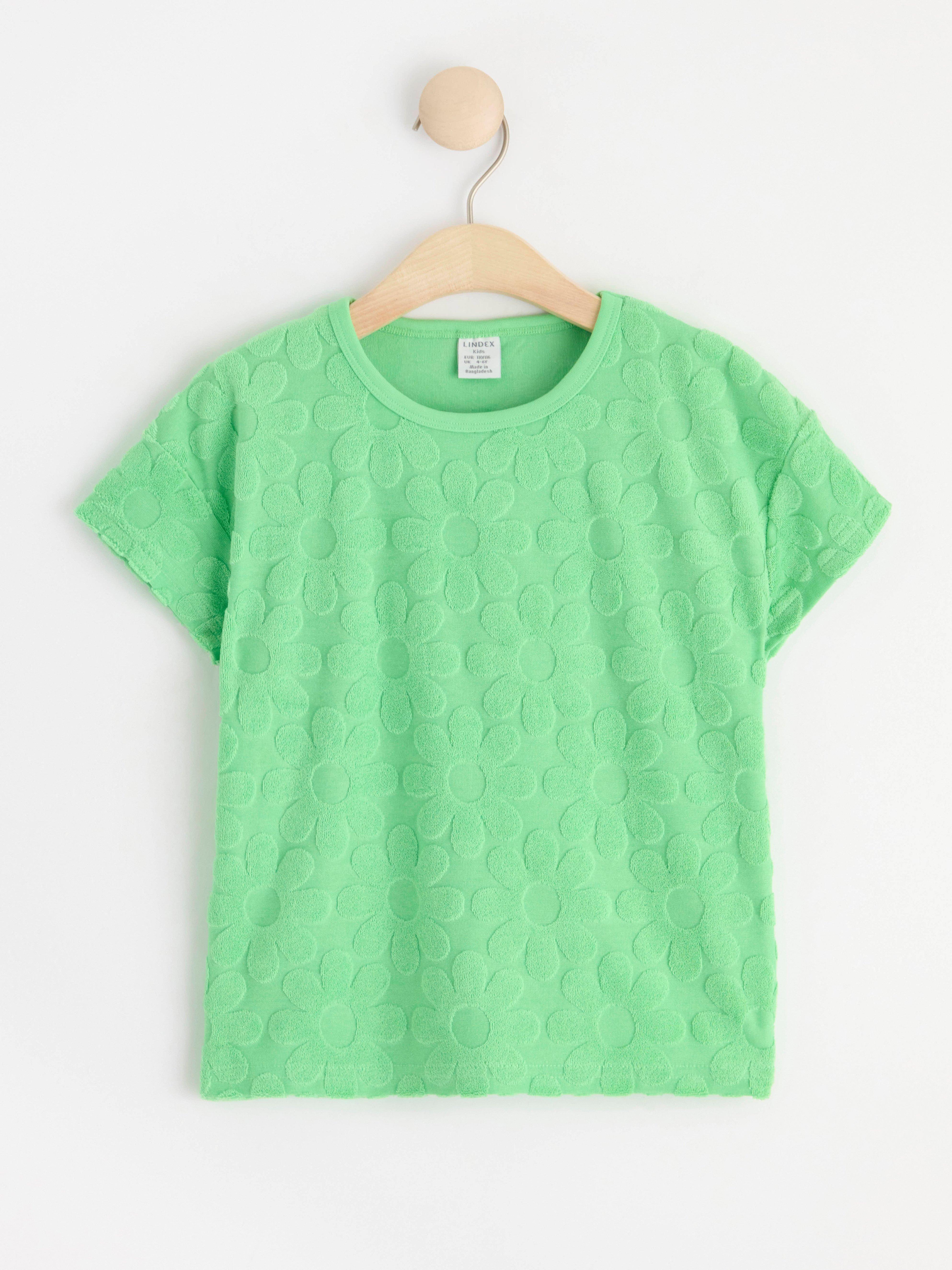 Short sleeve terry top with flower pattern Green
