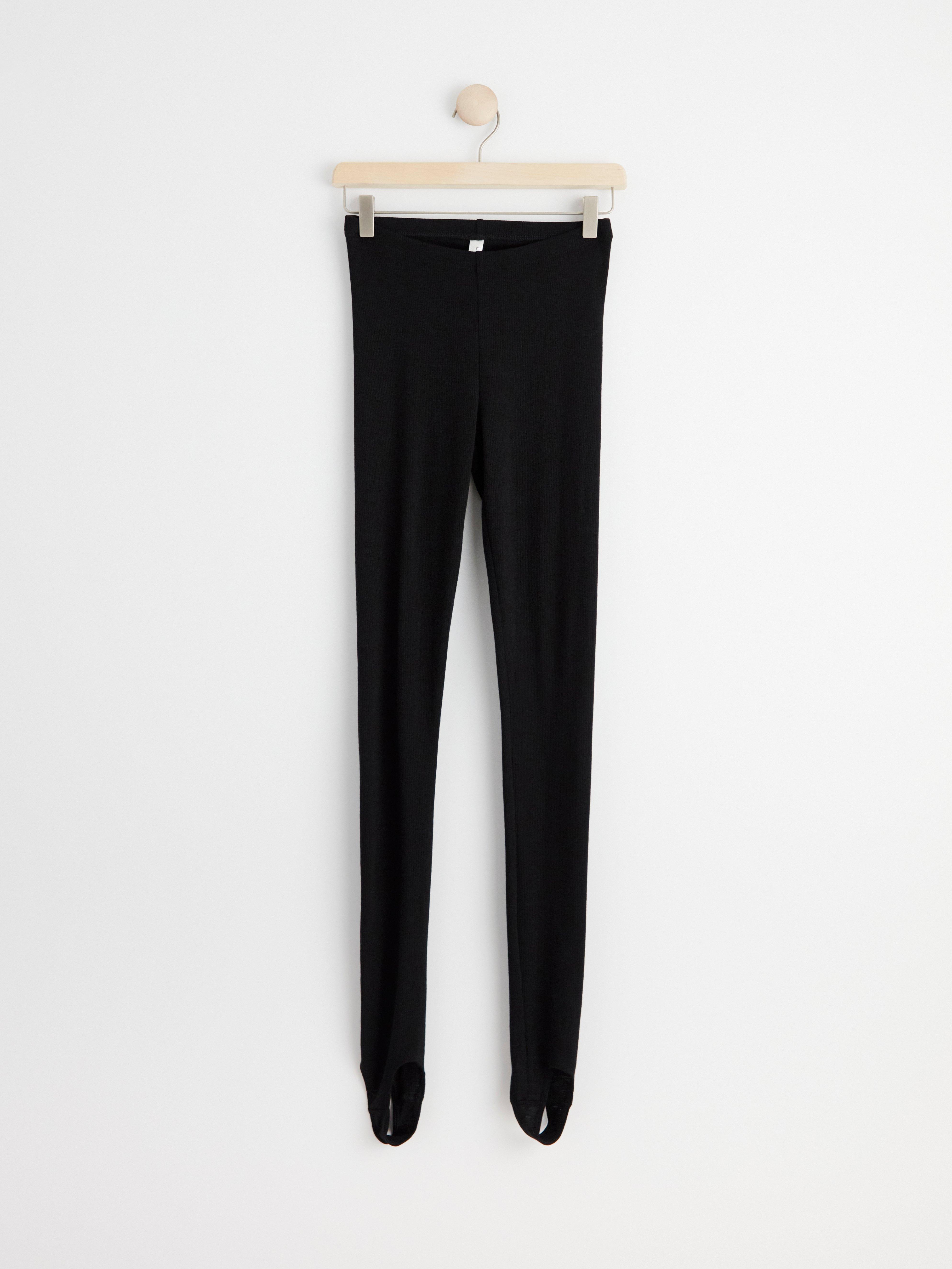 Ribbed merino wool leggings with stirrups Black