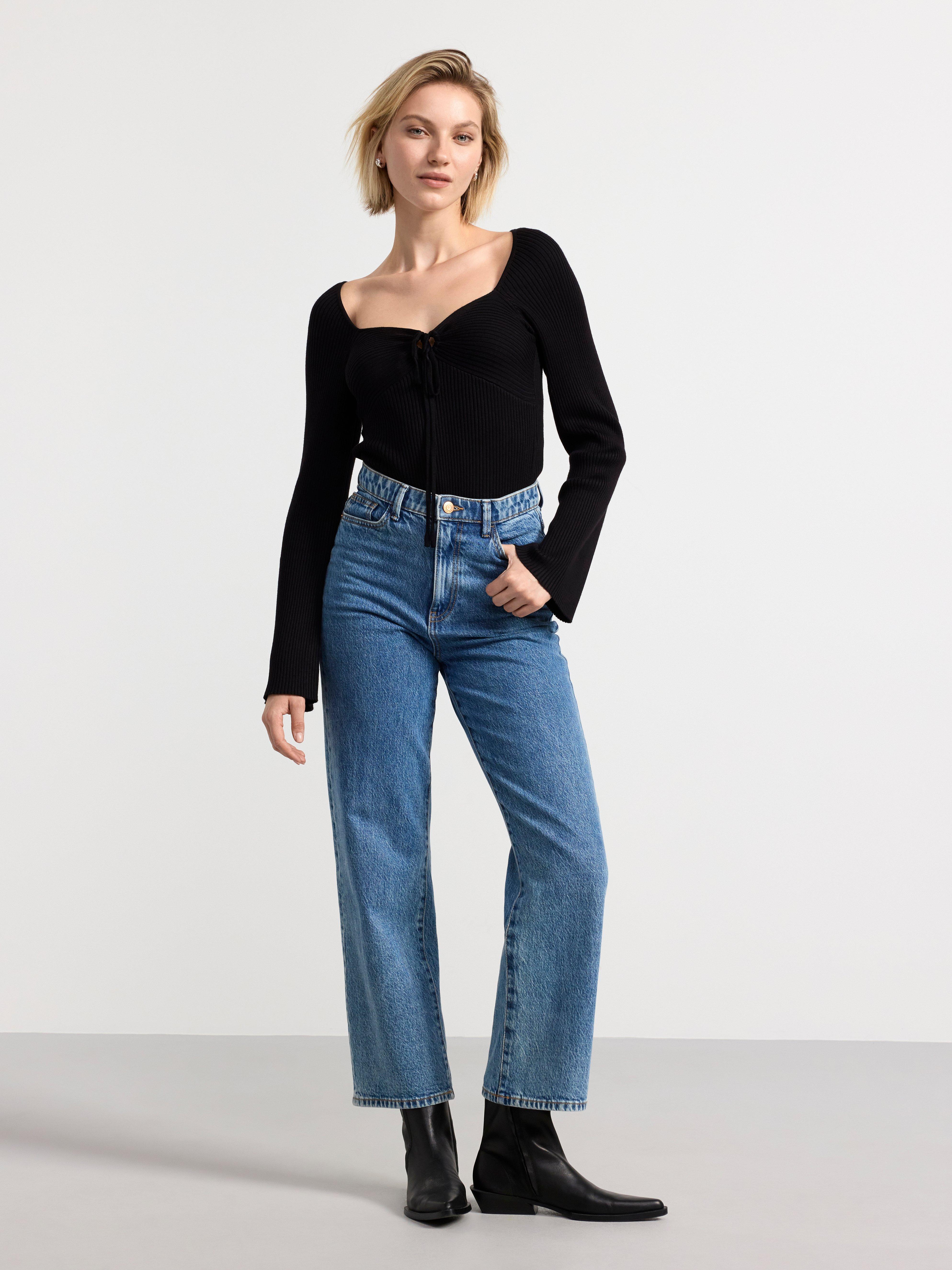 Ribbed knitted long sleeve top Black