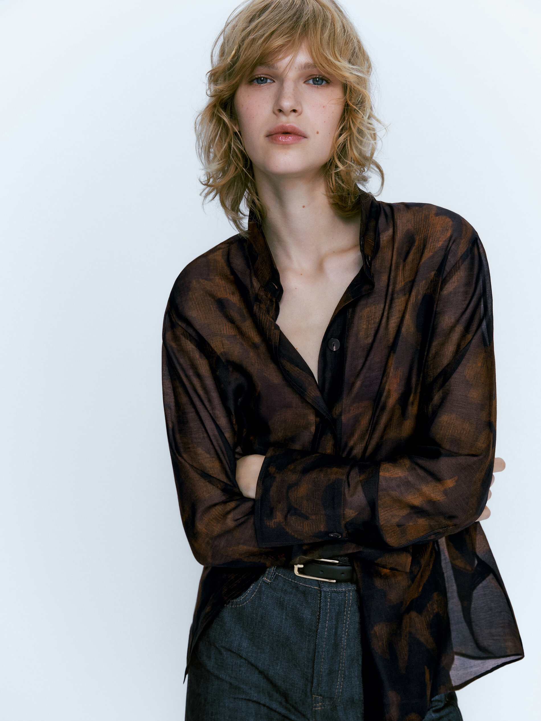 Camisa estampada mezcla algodón seda - AZULÓN