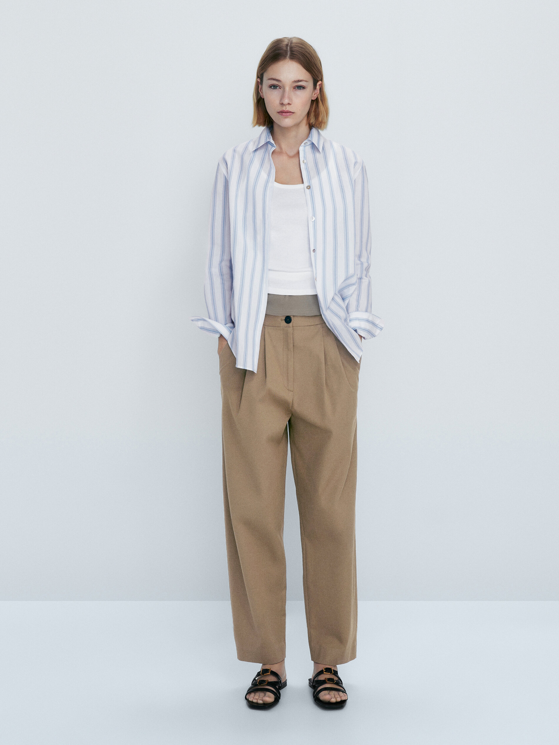 Camisa mezcla algodón doble raya - Azul Claro